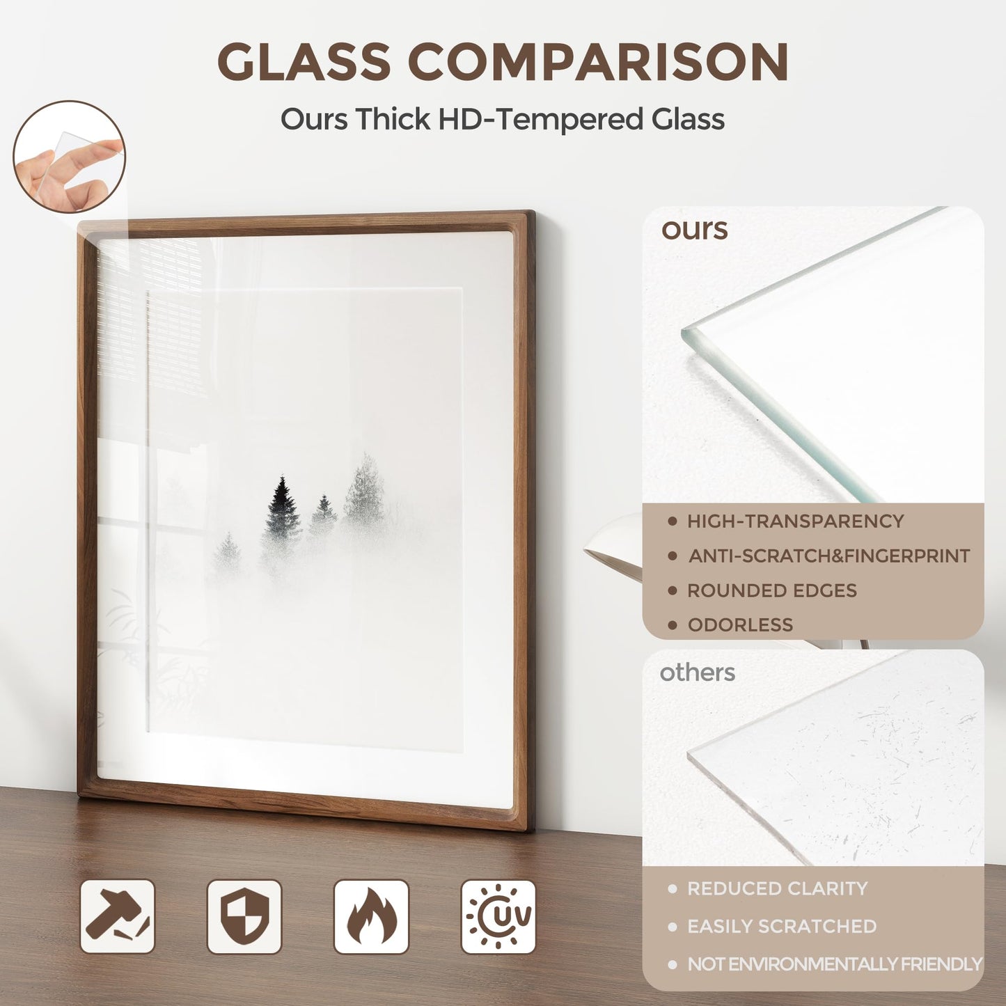 16 x 20 Picture Frame, USA-Sourced Natural Walnut Wood Photo Frame with Tempered Glass, Handcrafted Rounded Corner 16x20 Wooden Frame Matted to 11x14 Photos, Horizontal or Vertical Wall Mounting