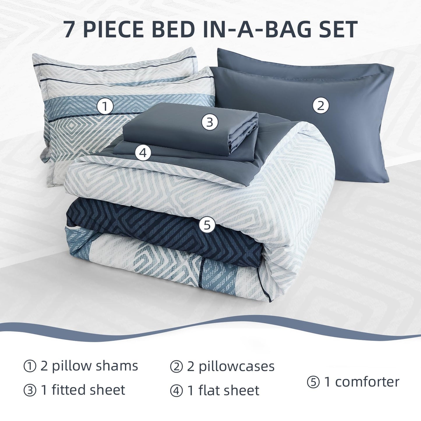 Drucon Comforter Set Queen Size 7 Piece Bed in a Bag Boho Blue Striped Bedding Set Soft Microfiber Comforter and Sheet Set for All Season (Queen, 90"x90")