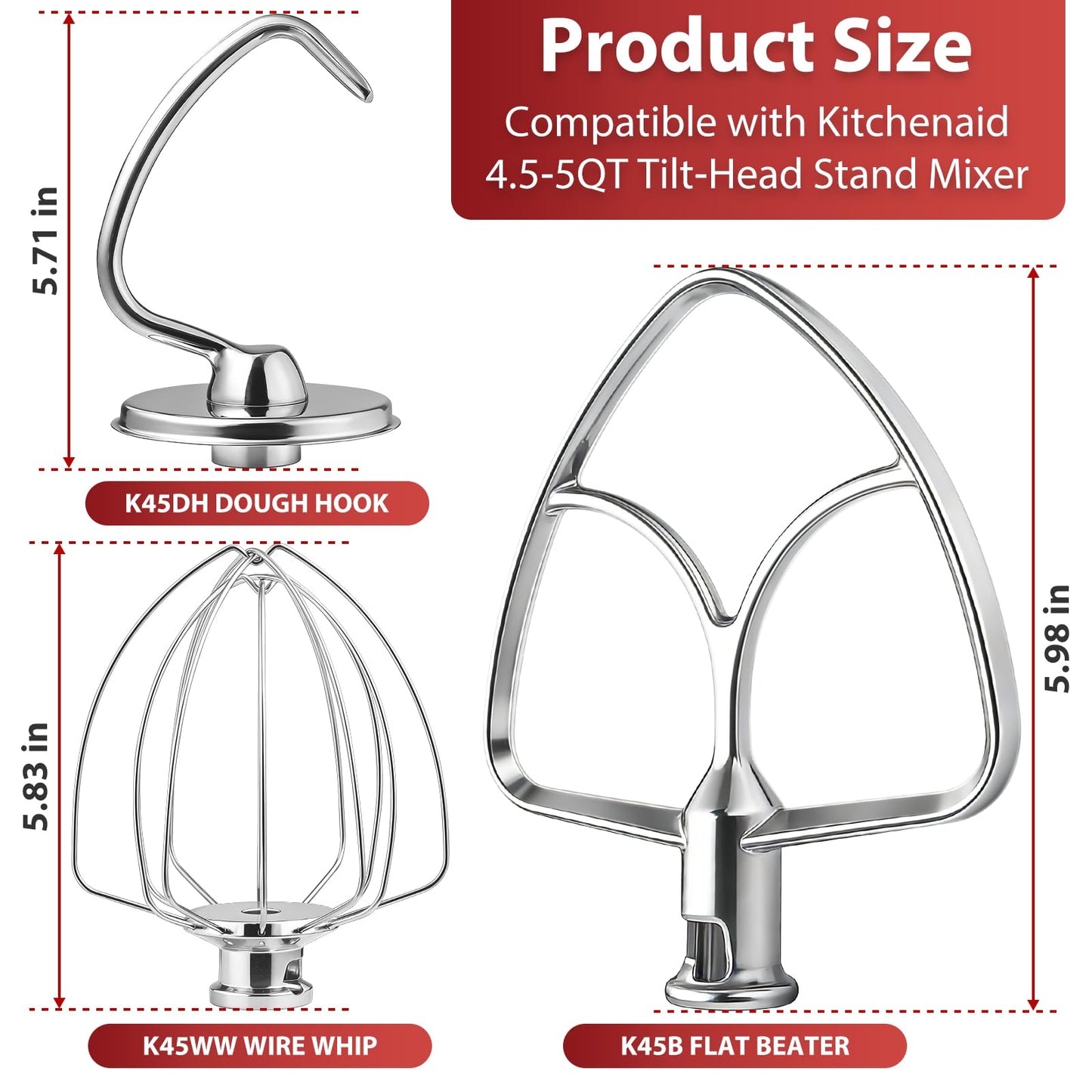 KITOART 3-Piece Kit Mixer Attachments for KitchenAid 4.5-5QT Tilt-Head Stand Mixer - K45WW & K45DH & K45B Replacement, All Stainless Steel, Dishwasher Safe