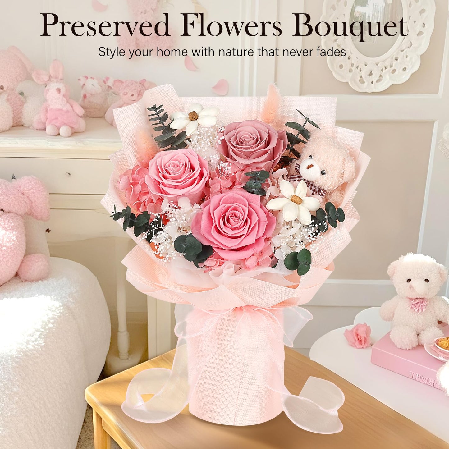 Preserved Flowers Bouquet with Bear, 3 Real Forever Flowers for Delivery, Long-Lasting Pink Eteranl Roses Bouquet, Anniversary Birthday Gifts for Women Mom Her Girlfriend Wife