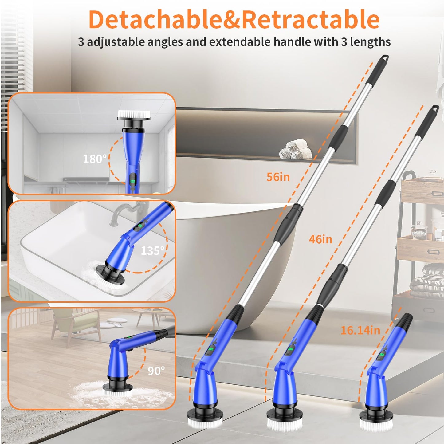 11 in 1 Electric Spin Scrubber Cordless Cleaning Brush 3 Adjustable Angles 2 Adjustable Speeds LED Display Shower Cleaner Brush Supplies Extension Long Handle for Bathroom Floor Tile Toilet Waterproof
