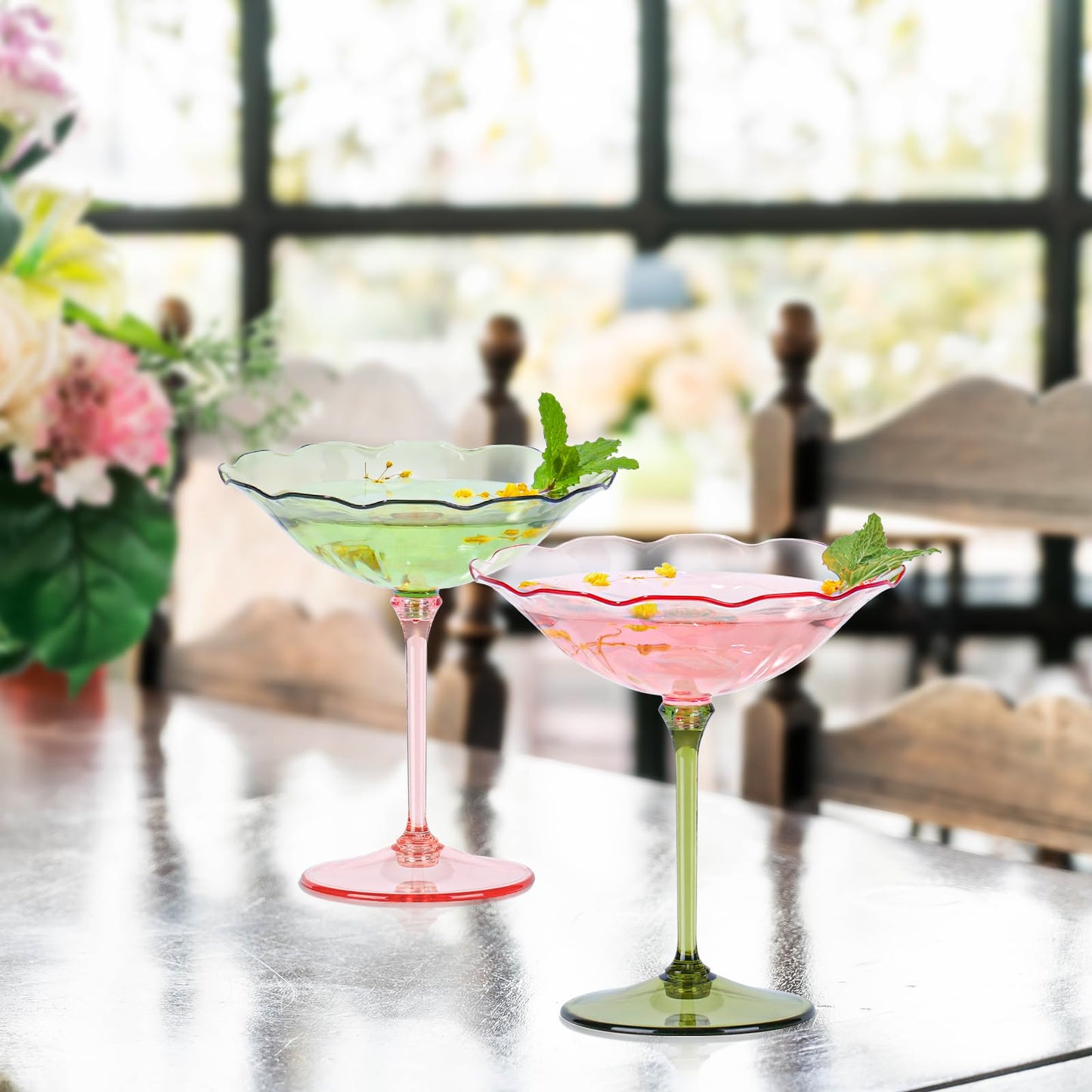 HKSZEH 24 Pcs Plastic Martini Glasses 7oz Flower Disposable Cocktail Coupe Glasses Pink and Green Martini Cup Vintage Detachable Dessert Parfait Glassware for Wedding Birthday Bachelorette Party