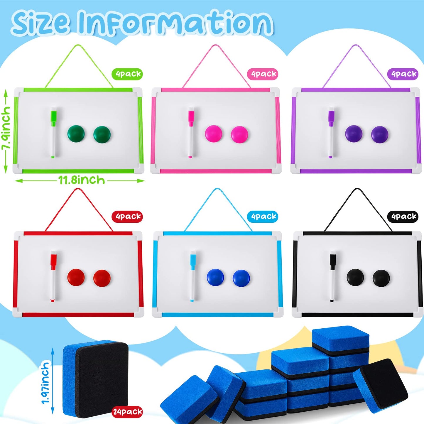 Colarr 24 Pack Hanging Magnetic Dry Erase Board 8'' x 12'' Small Double Sided White Board for Students Teachers Mini Whiteboard Bulk School Supplies Including Markers Magnetic Buttons and Blue Erasers
