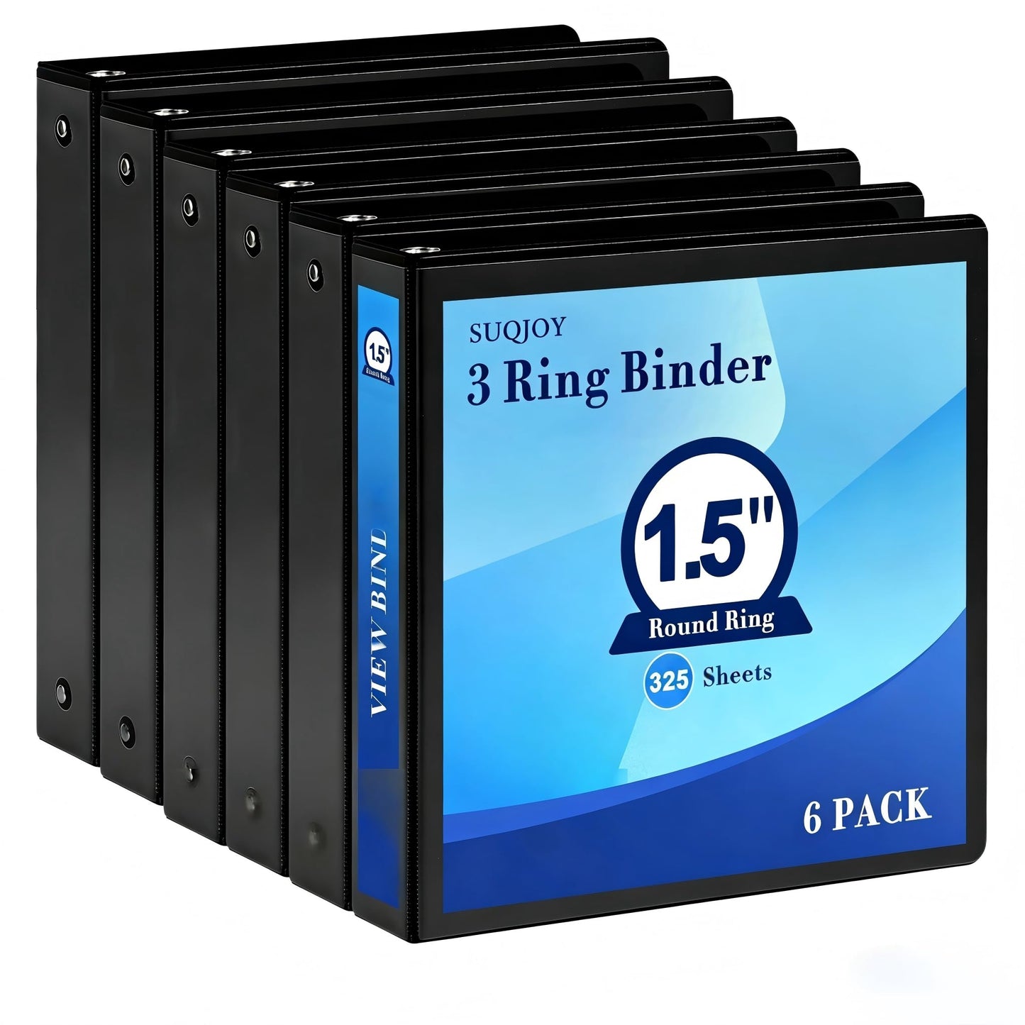 SUQJOY 1.5-Inch 3-Ring Binder with Pockets, 1-1/2’’ Clear View Binders, PVC Free, Holds up to 325 Sheets US Letter Size, Perfect for School,Office and Home(6 Pack, Black)