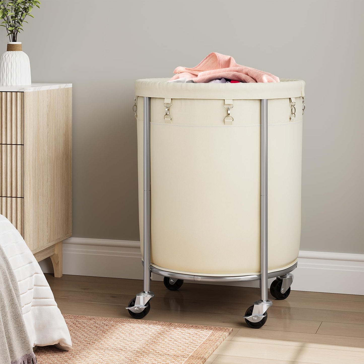 ELYKEN 190L Laundry Basket with Wheels, Large Rolling Laundry Hamper with Removable Liner Bag, Round Rolling Laundry Cart, Dirty Clothes Hamper for Hotel, Home, Closet, Dorm, Cream