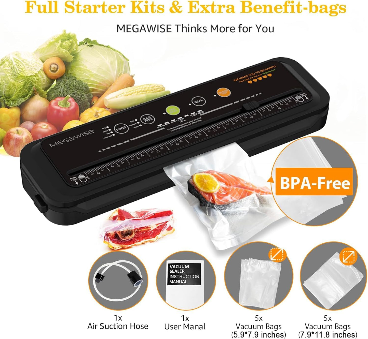 Updated Vacuum Sealer Machine，MEGAWISE Food Sealer w/Starter Kit (Black)