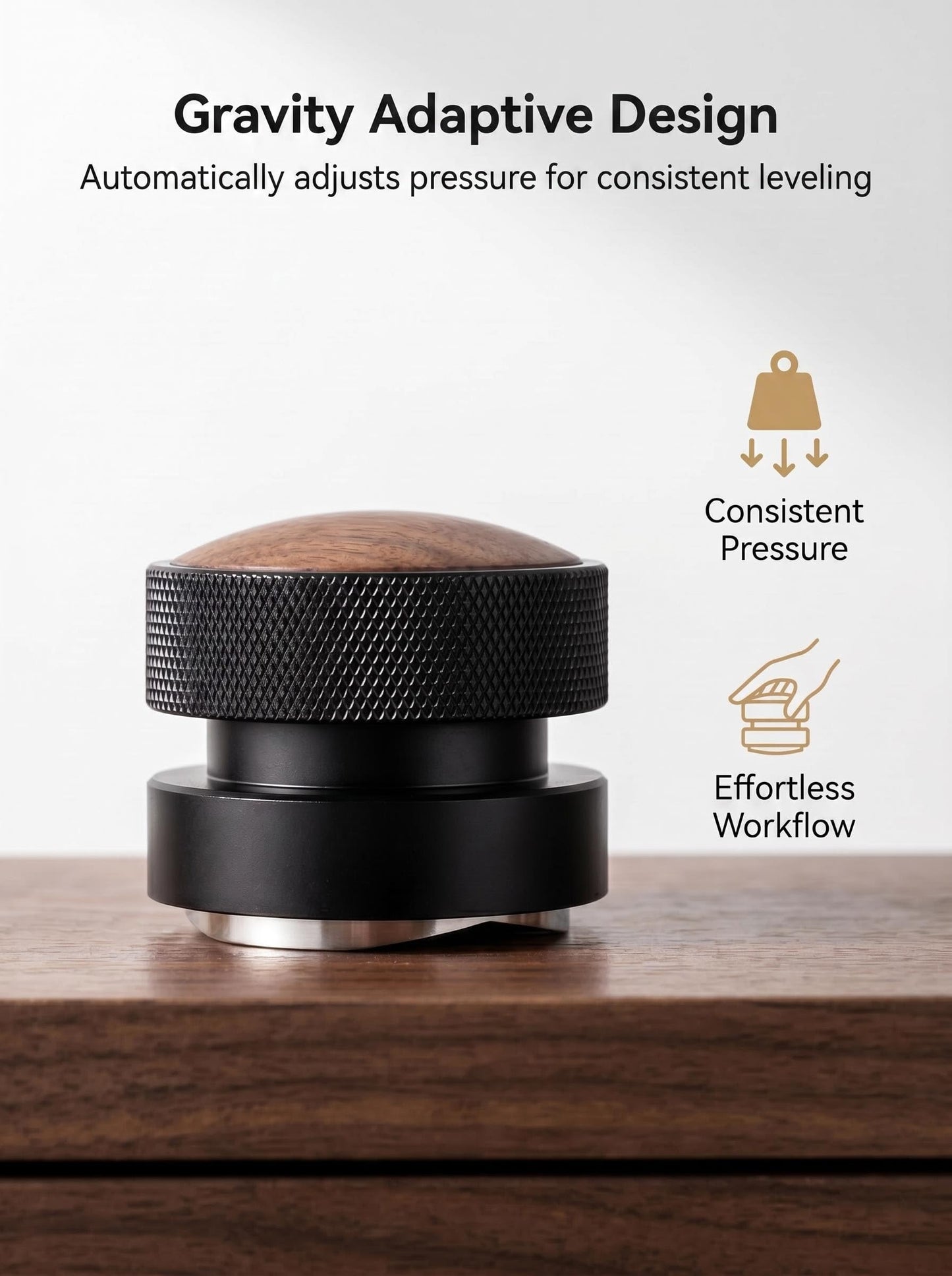 Ompellus 53mm Walnut Espresso Distributer, Gravity Adaptive Espresso Distribution Tool | Coffee Leveler Tool for Breville 54mm Portafilters | 304 Stainless Steel Base