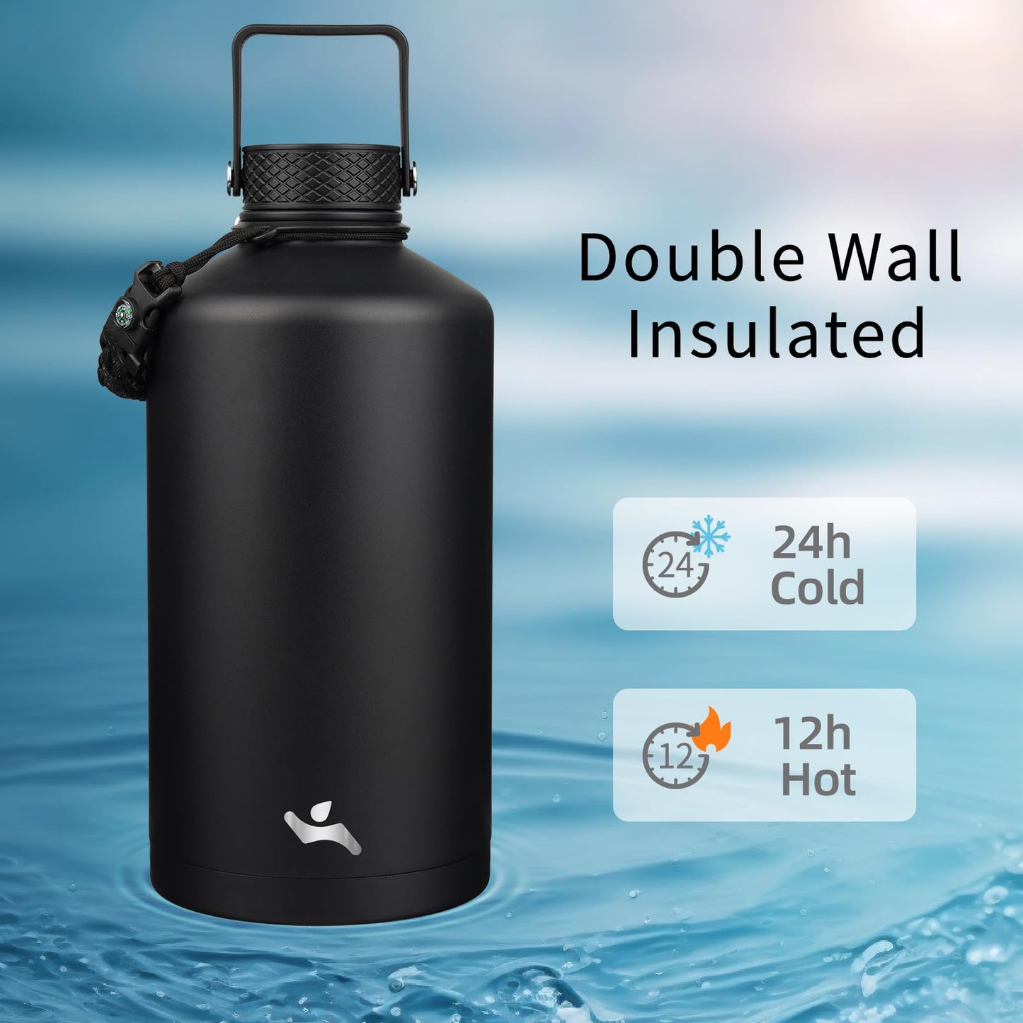 Konokyo Gallon Insulated Water Bottle with Straw,128 oz 3 Lids Water Jug with Carrying Bag,Paracord Handle, Double Wall Vacuum Stainless Steel Metal Flask,Black