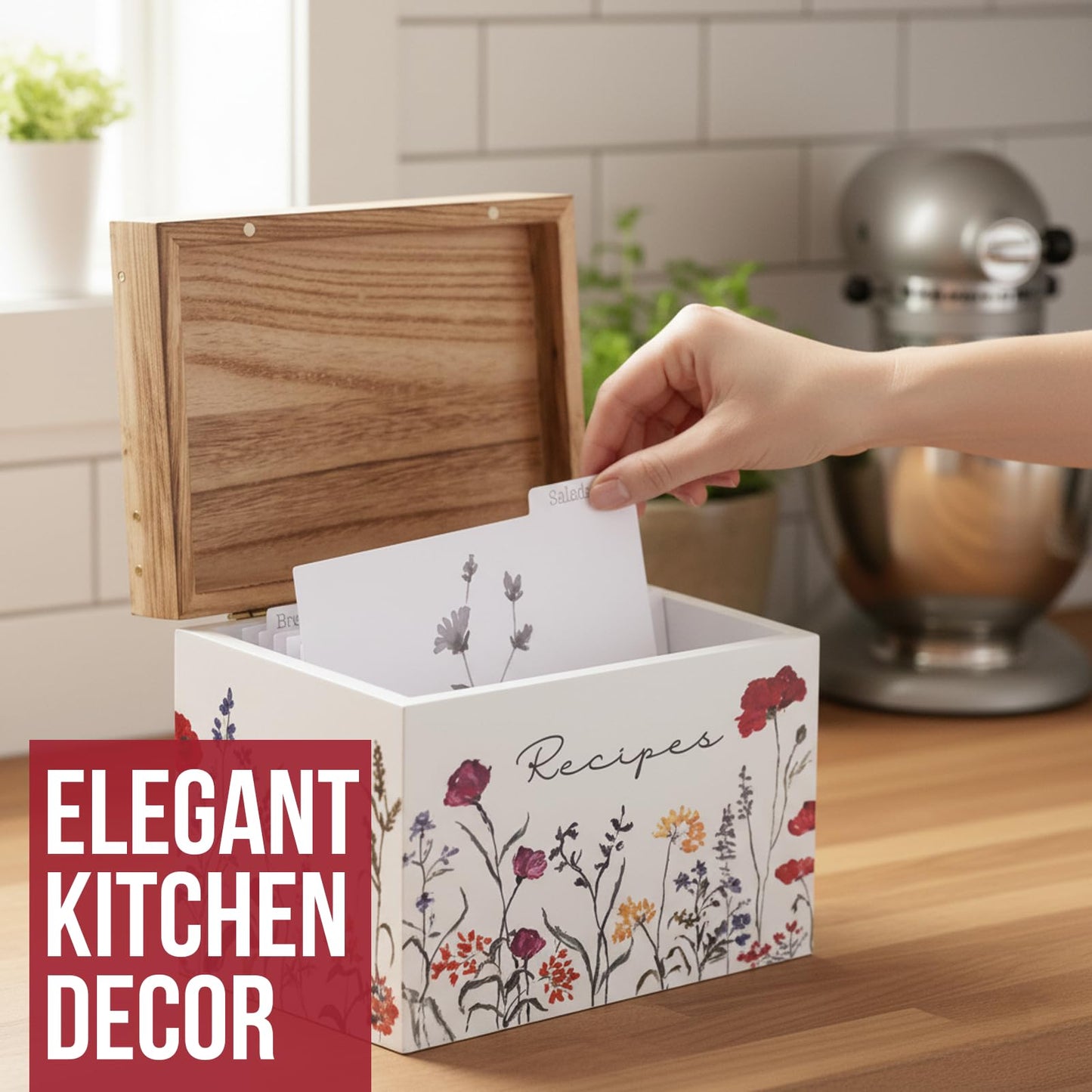 SENSORY4U Wooden Recipe Box with Cards & Dividers – Wildflower Floral Design – Includes 100 4x6 Recipe Cards, 12 Dividers & Built-In Recipe Holder Slot – Rustic Farmhouse Kitchen Organizer