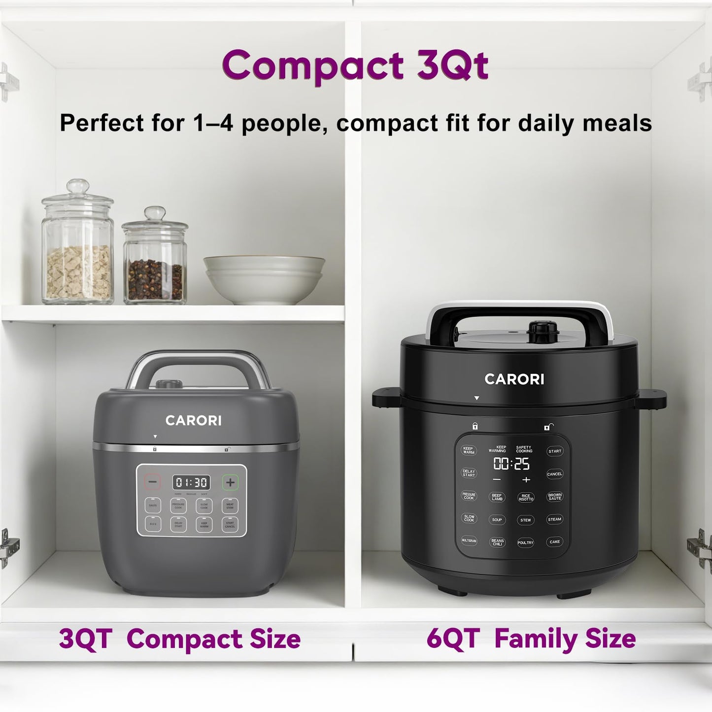 Carori 8-in-1 Electric Pressure Cooker, Compact 3 QT All-in-1 Multi-Cooker with Ceramic Pot, Saute, Slow Cook, Rice, Stew, Delay Start, Keep Warm & Safe Vent, Gray