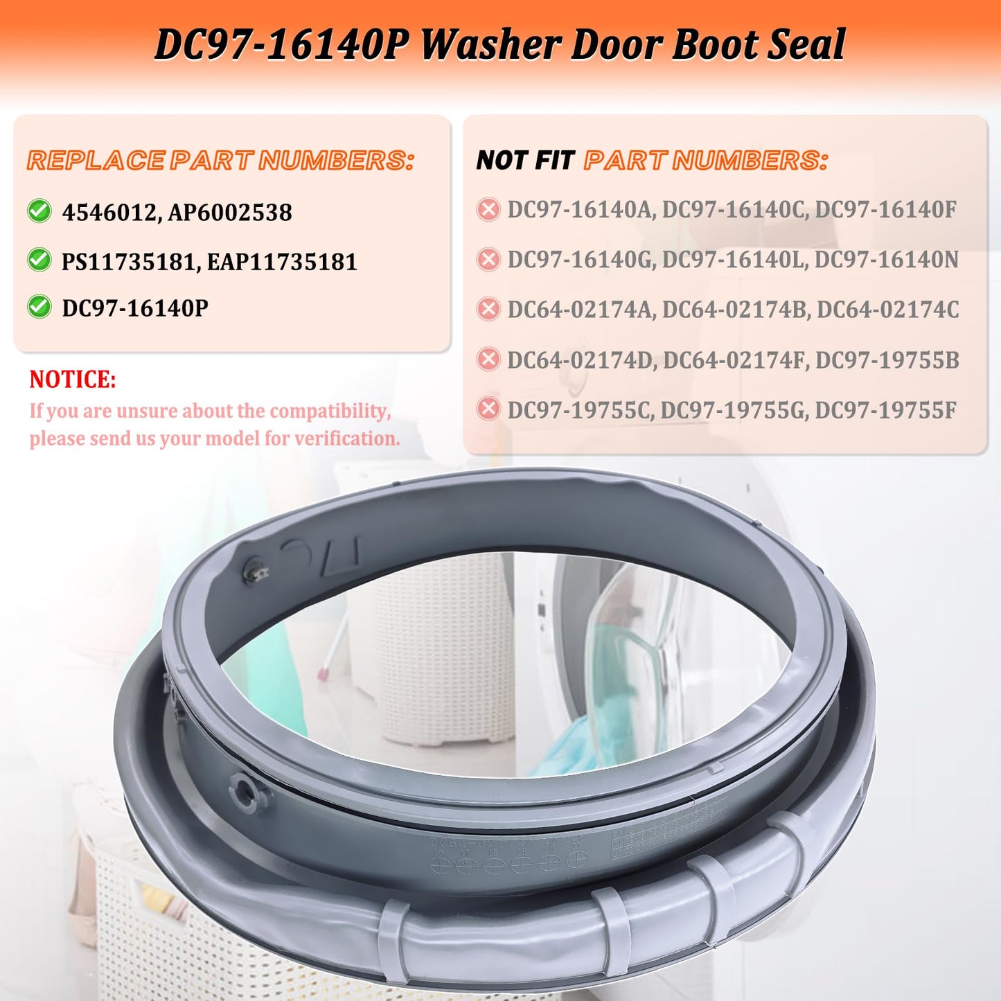Upgraded DC97-16140P DC97-19755A Washer Door Boot Seal Compatible with Samsung Washing Machine Door Bellow Boot Gasket Replaces AP6002538 PS11735181 EAP11735181