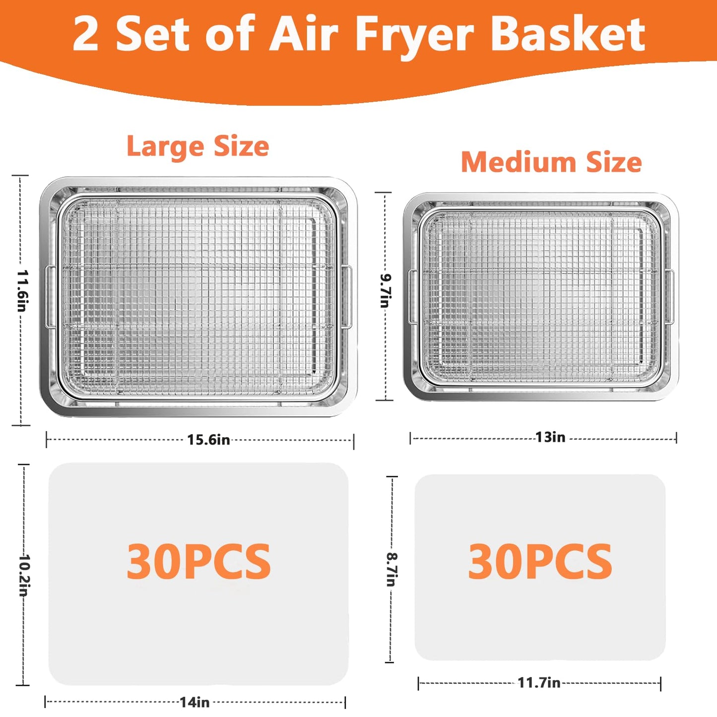 Air Fryer Basket for Oven, 2 Set Oven Air Fryer Basket and Tray with 60 PCS Parchment Papers, Stainless Steel Air Fryers Pan and Crisper Tray for for Baking Cooking and Frying(15.6"X11.6" & 13"X9.7")