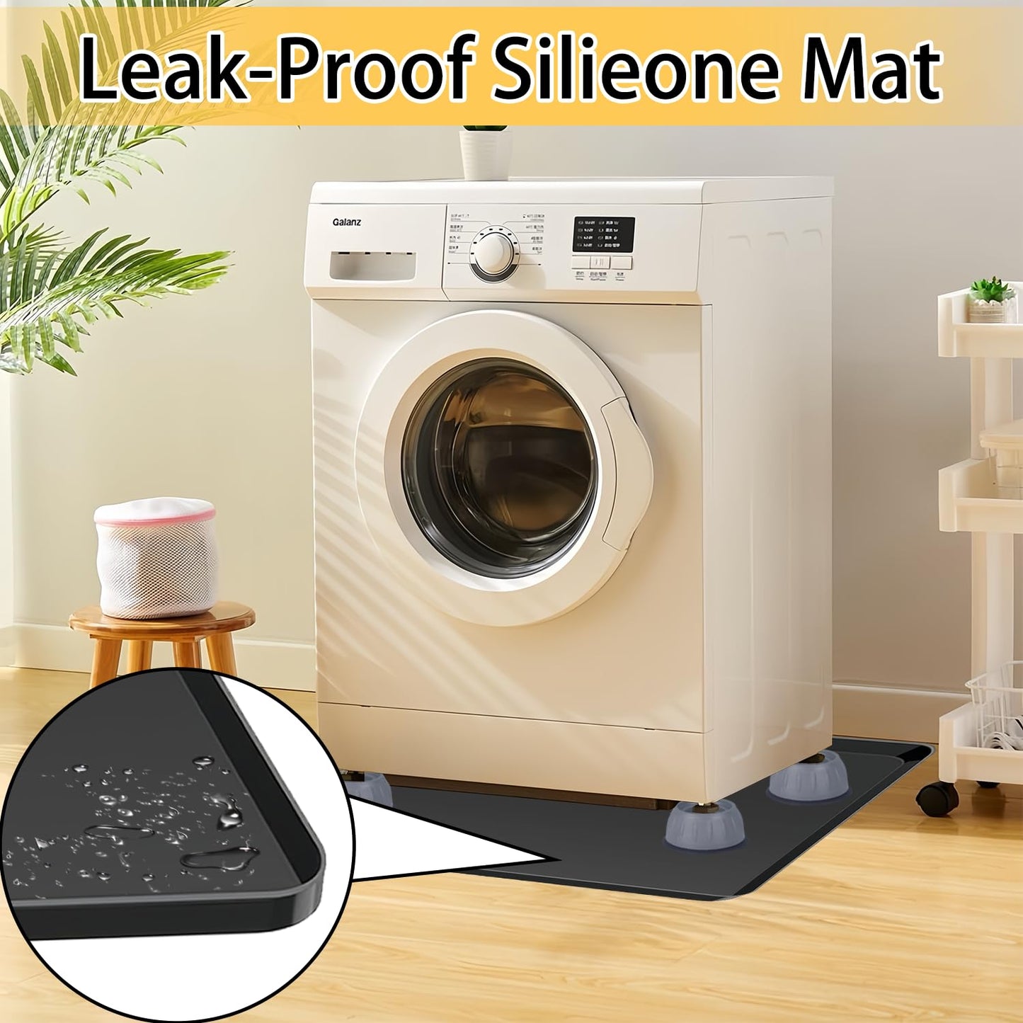 Washing Machine Drain Pan 27"x27" with 4 Anti-Vibration Foot Pads – Washer Tray,Non-Slip, Waterproof, Laundry Appliance Floor protection Set –Noise Reduction Leak Prevention -Soft Silicone Mat