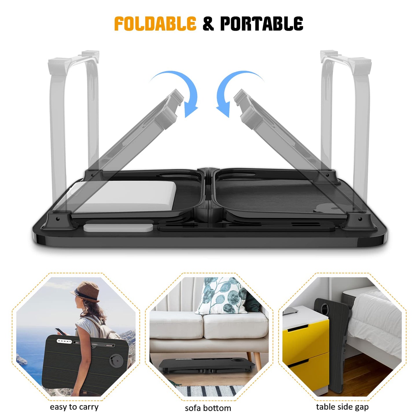 Fayquaze Laptop Bed Desk, Portable Foldable Laptop Bed Table with USB Charge Port Storage Drawer and Cup Holder, Lap Desk Notebook Stand Tray Table Serving Tray for Eating, Reading and Working