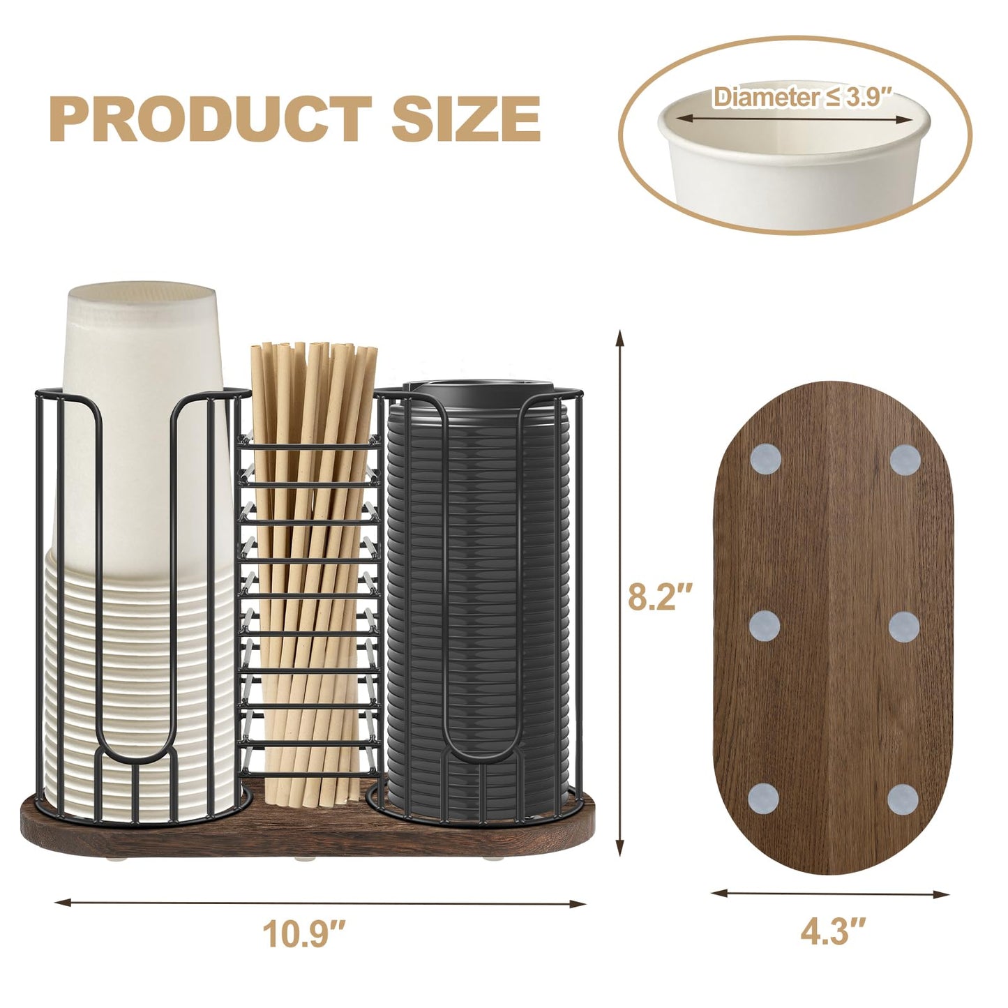 Tanggiteck 3-Compartment 18oz Coffee Cup Dispenser Rack with Wood Base, Disposable Cup, and Lid Organizer for Countertop - Perfect for Paper Cups, Straws, and Kitchen Cabinet Storage