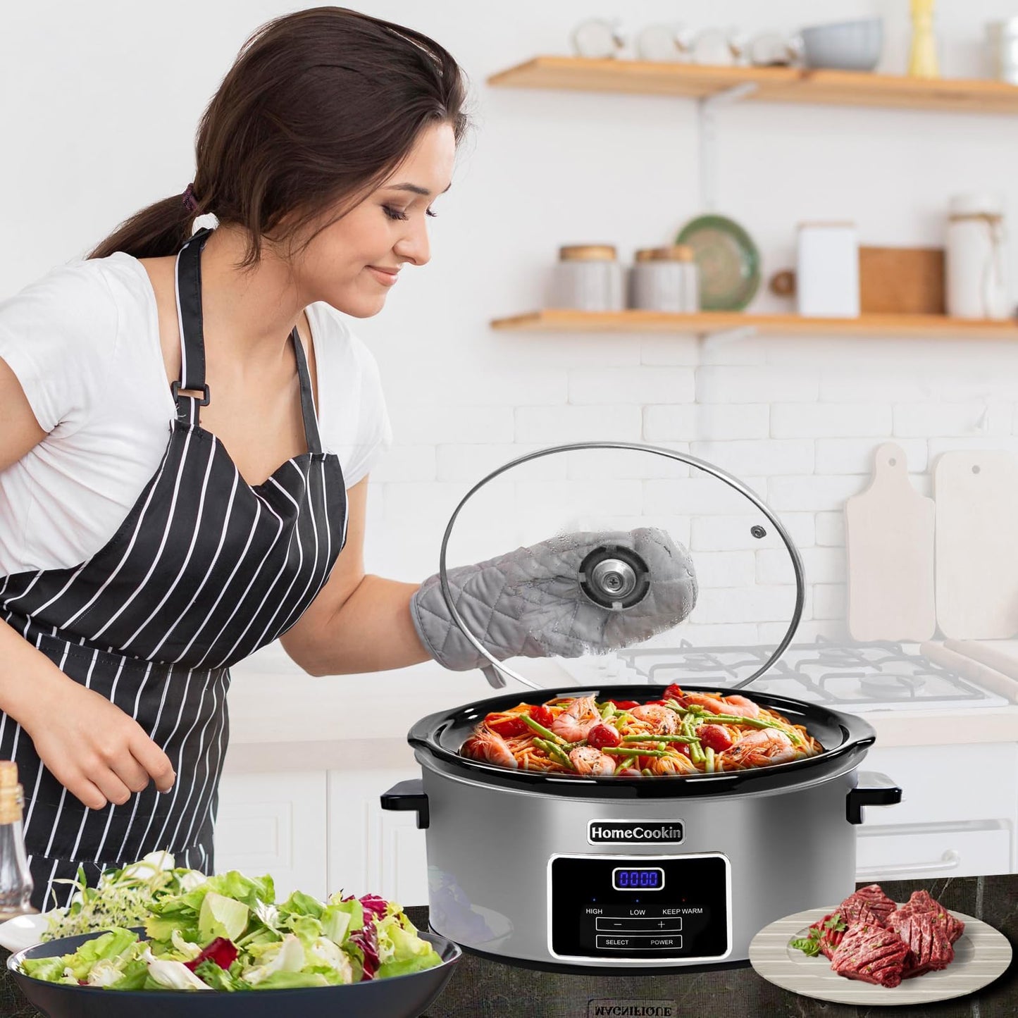 8-Quart Digital Programmable Slow Cooker with Timer - Small Kitchen Appliance for Family Dinners - Serves 10+ People - Heat Settings: Keep Warm, Low and High
