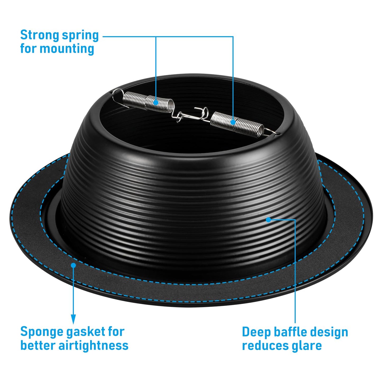 TORCHSTAR 6 Inch Recessed Light Black Baffle Trim with Detachable Ring, Full Metal, Ceiling Can Light Trim for 6 Inch Can, Fit Halo/Juno Remodel Recessed Housing, Pack of 6