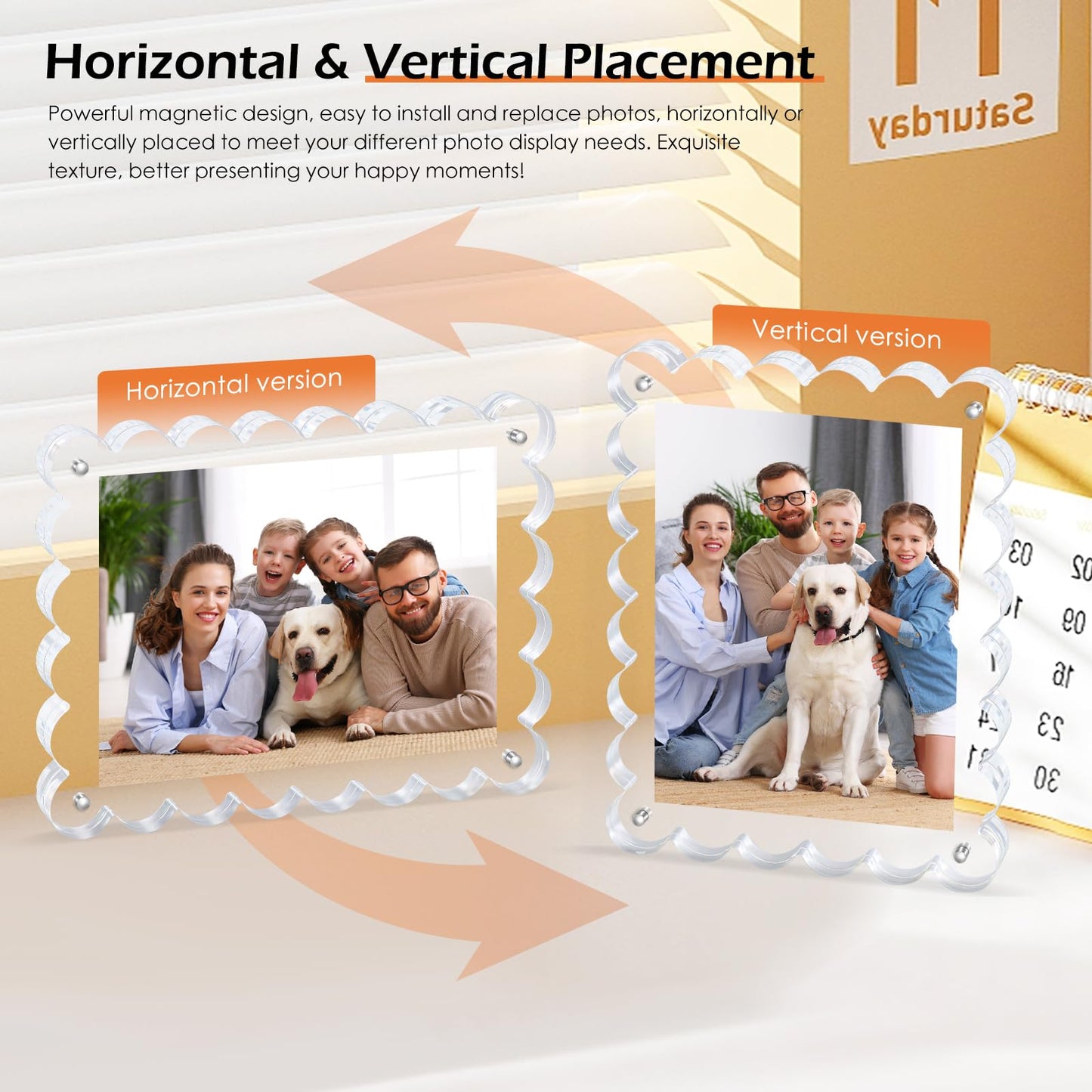 Magnetic Photo Frame 6×8Inch -3Pack Acrylic Scalloped Glass Frames, 12+12mm Thick Double-Sided Design, Clear Picture Frame with Thick Block | Trendy Home Gift Set Stylish Acrylic Frames (3Pack, 6×8)