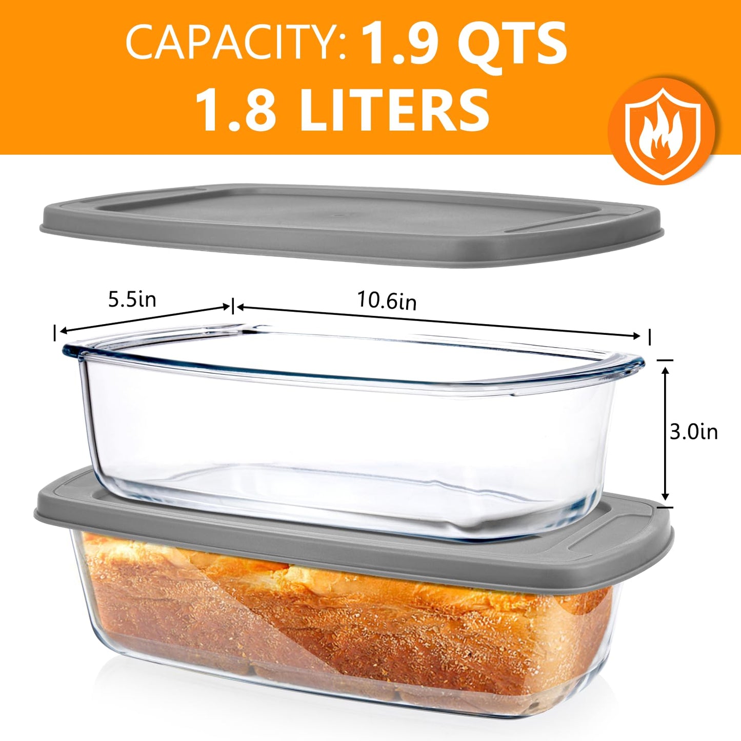 BAKEWAY Glass Loaf Pans for Baking Bread with Lids 2 Set - 1.9 Qt Glass Loaf Pan | Oven, Dishwasher, Fridge, Freezer & Microwave Safe, Bread Pan Suit for Lasagna, Meatloaf, Banana