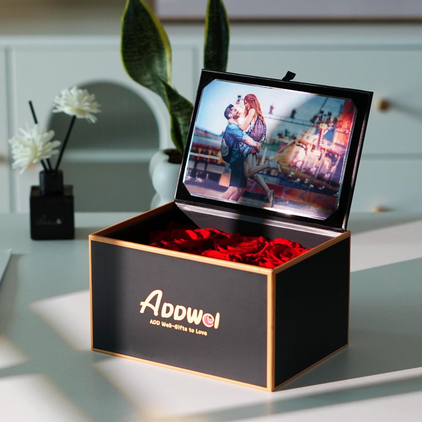 ADDWel Preserved Rose Gift Box with 4x6 Photo Frame, Romantic Flower Gifts for Women, Wife or Girlfriend, 6 Eternal Roses for Delivery on Christmas, Birthday, Anniversary, Valentine’s Day