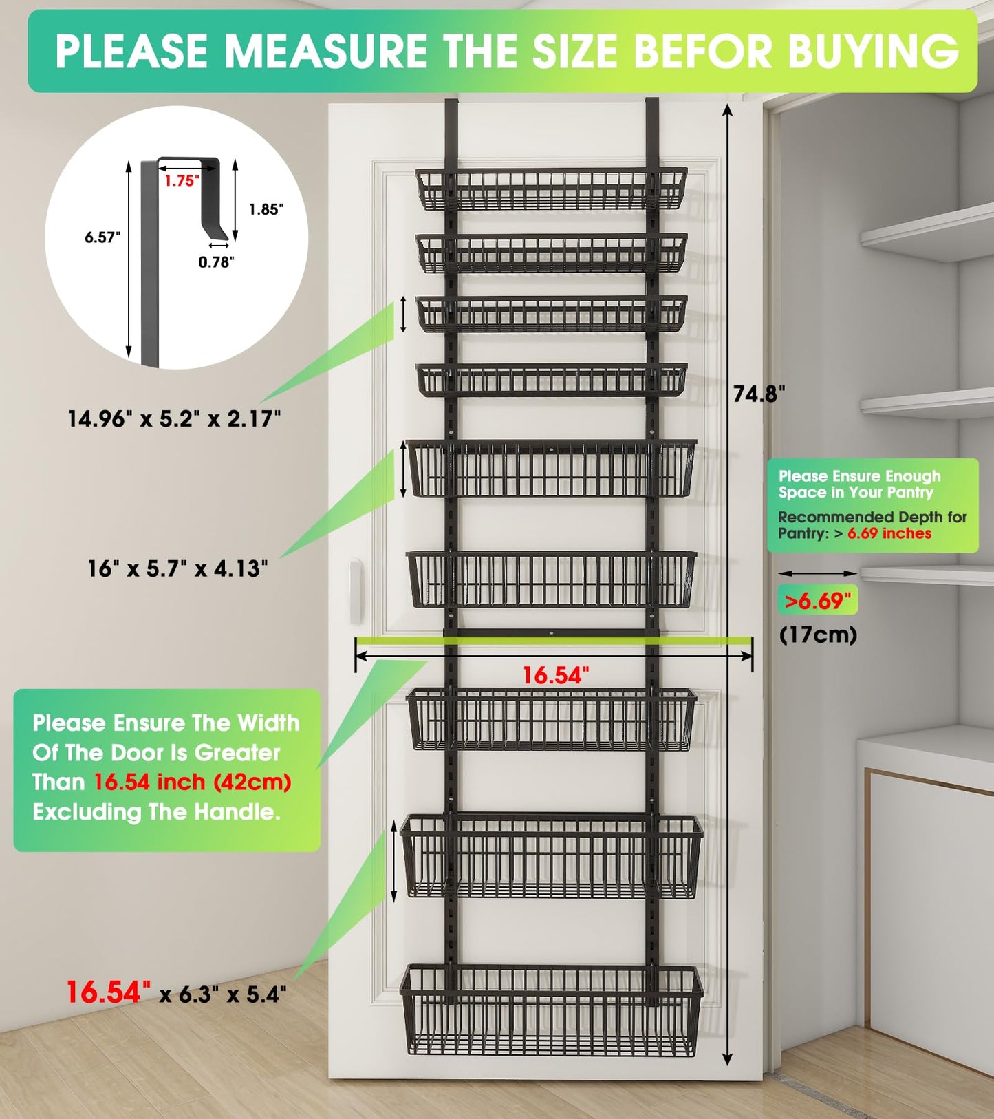 Mefirt 9-Tier Over The Door Pantry Organizer, Pantry Storage and Organization, Black Metal Hanging Spice Rack Seasoning Shelves Door, Wall Mount for Home & Kitchen, Laundry Room Bathroom Organization