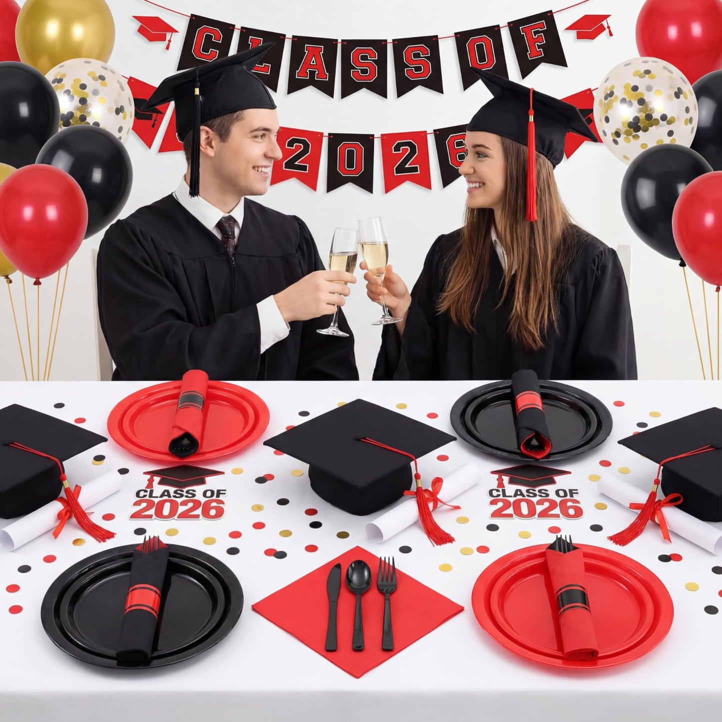 Lasnten 200pcs Pre-rolled Red and Black Plastic Silverware Set for 50 Guest Disposable Plastic Cutlery Set with Napkins for 2026 Graduation Red and Black Birthday Party Retirement Party Supplies