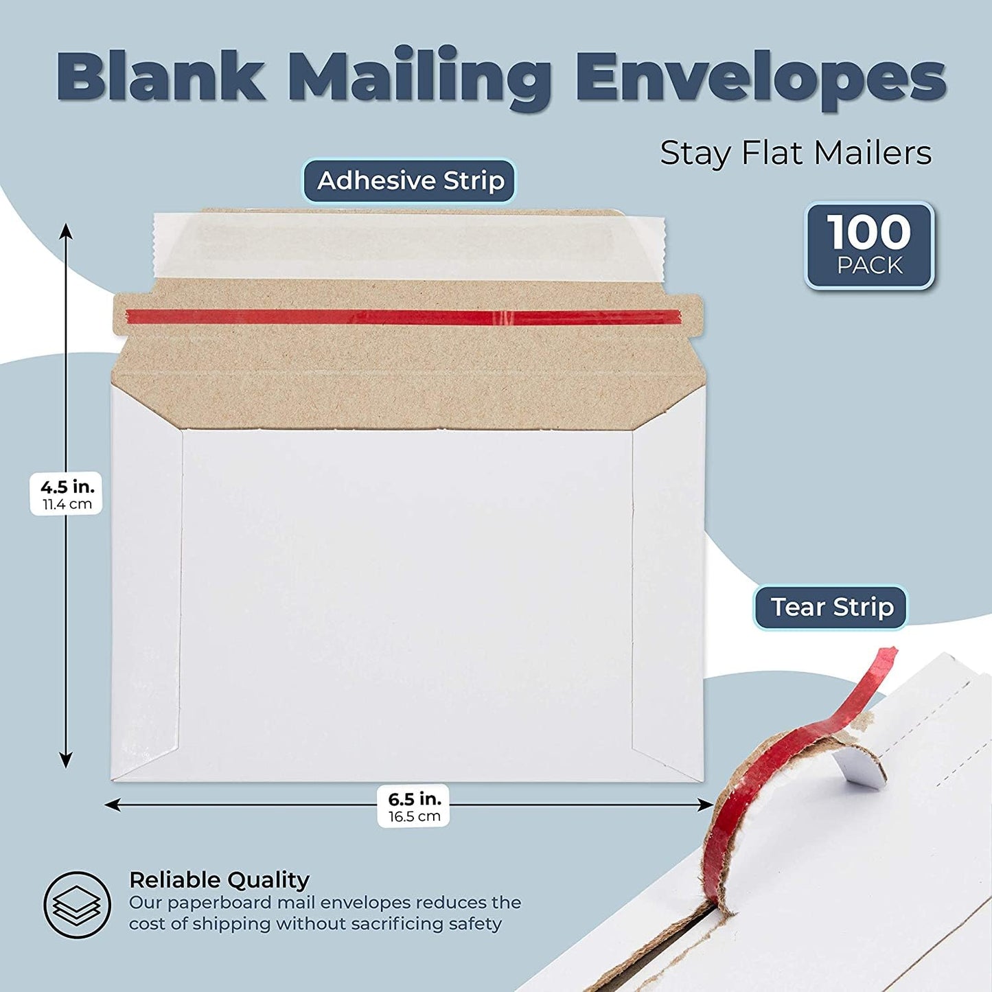 Mailing Envelopes - 6.5 x 4.5 in, White, 100 Count, Flat Peel & Seal - Thick Cardboard Envelopes, Photo Mailers & Trading Card Mailers