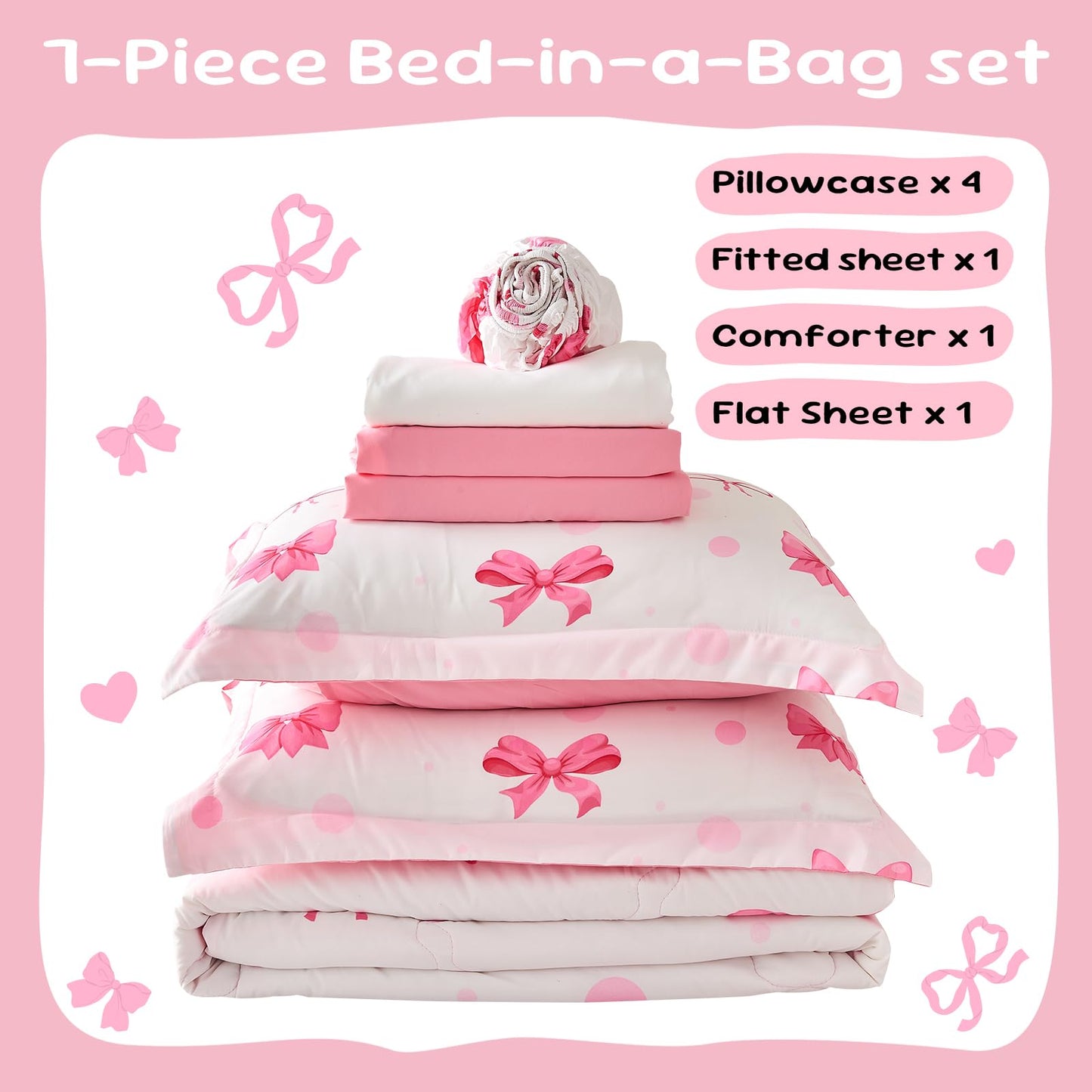 Wajade 7 Piece Pink Bow Bedding Set for Girls Kids Twin Size Comforter Set with Sheet and 2 Pillowcases 2 Pillow Shams Cute Girls Bed in a Bag as Birthday Choice