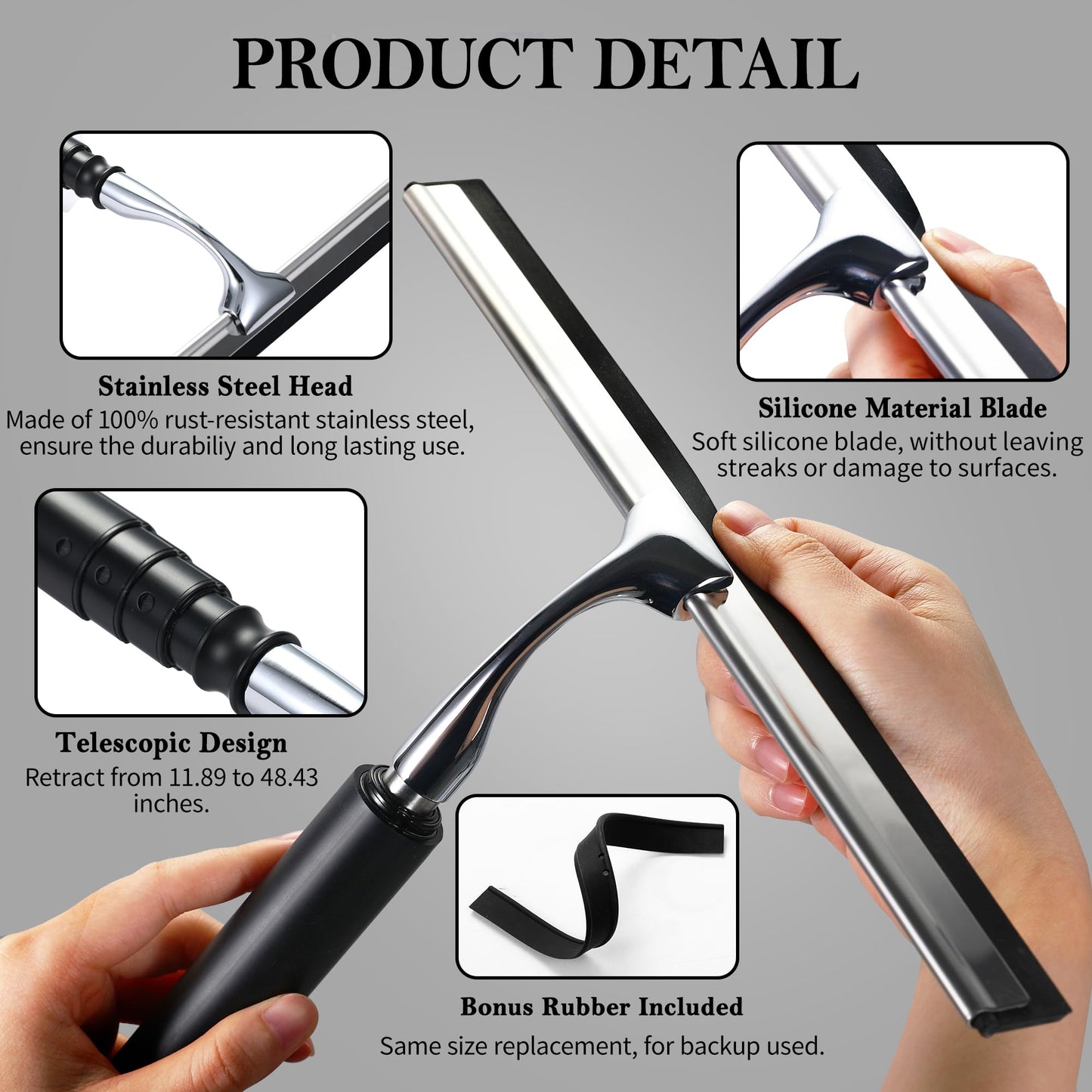 Toncoke 2 in 1 Window Squeegee, Shower Squeegee Window Cleaning Kit with Extension Pole Long Handle Squeegee for Shower Glass Floor Bathroom Home Outdoor, 12 inch Wide, Black