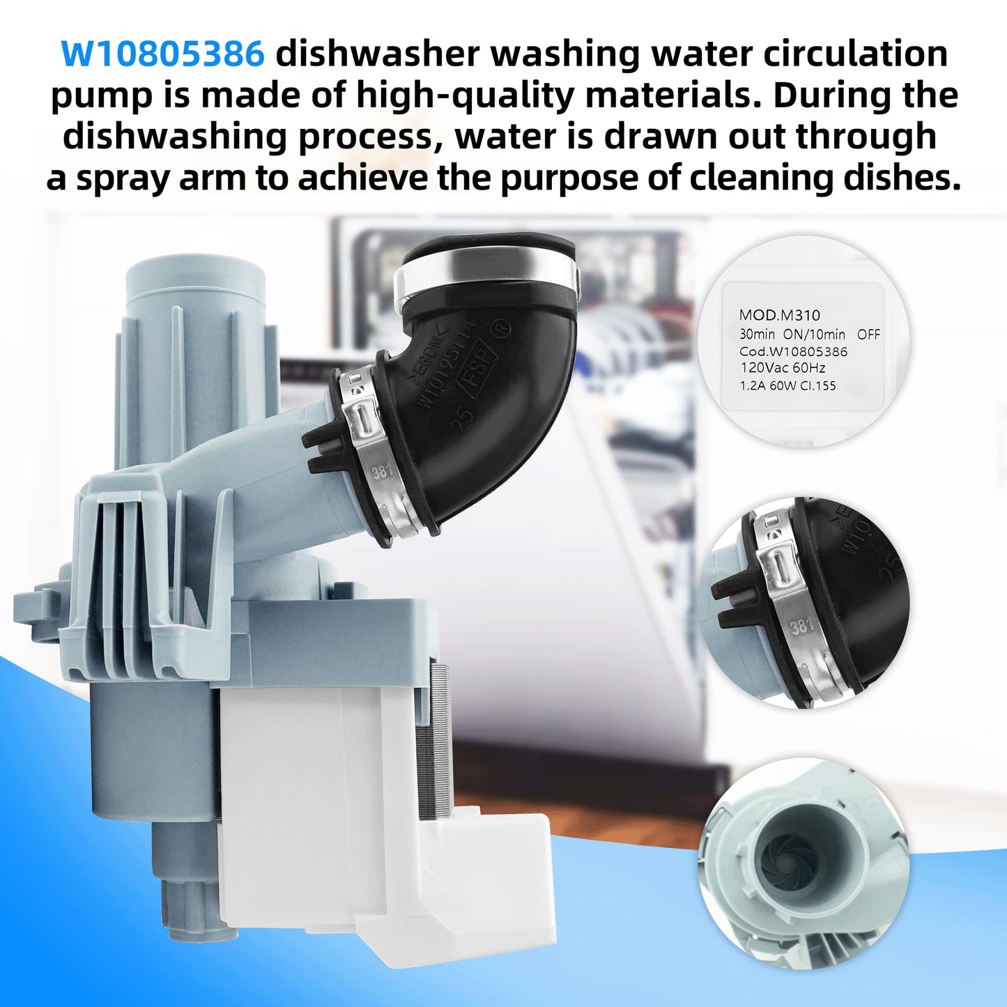 W11612326 W11521435 Dishwasher Drain Pump Replacement for Whirlpool Kenmore Amana WDF520PADM7 WDF520PADM9 WDF330PAHS3 WDP540HAMZ0 WDT540HAMZ0 W10805386 W10879262 AP7193729 PS16744934