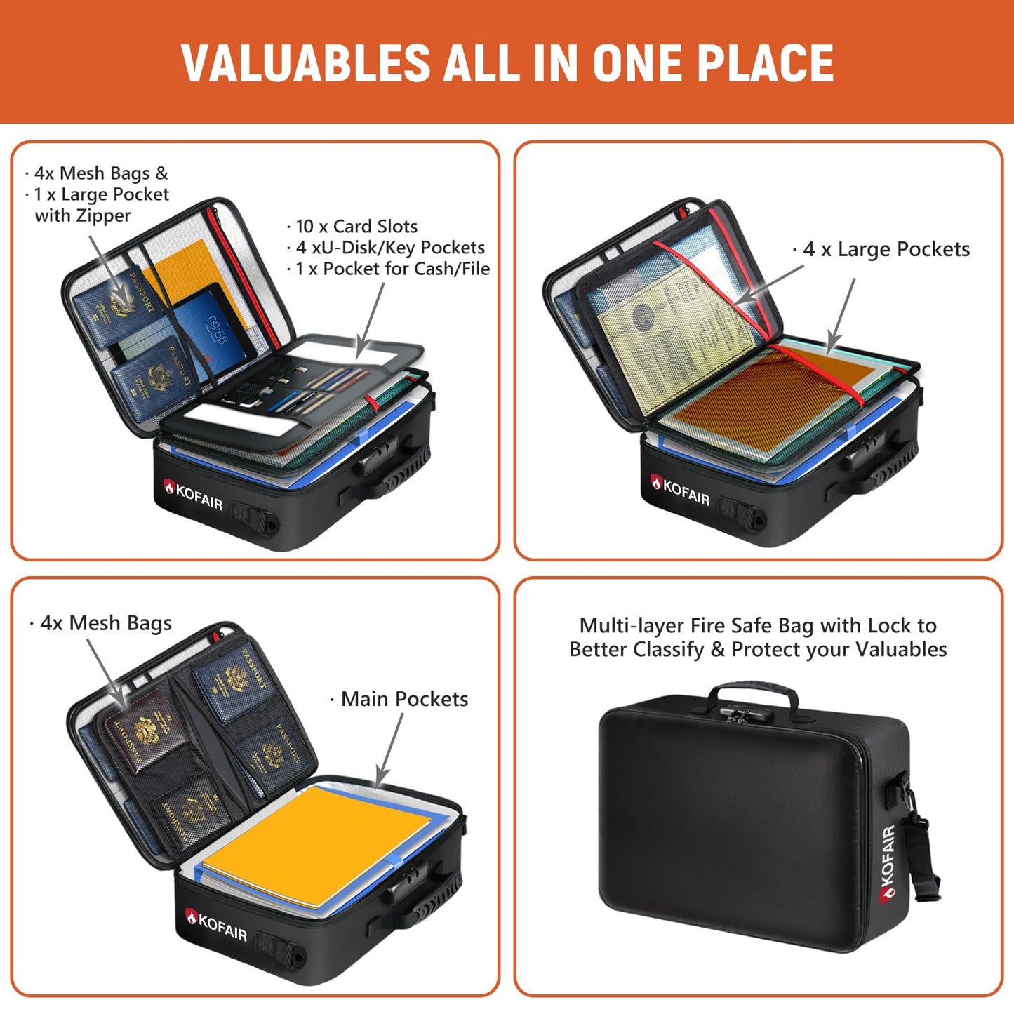 Fireproof Document Bag (17 x 12 x 5 inch) with Lock, 5200°F Fireproof Document Lock Box with Shoulder Strap, Multi-Layer Important Document Safe Storage, Fire Safe File Organizer