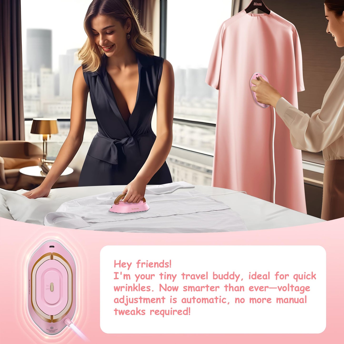 Newbealer Travel Iron with Global Voltage, 100-240V Mini Dry Iron for Clothes (No Steam), Max 300W, 60s Heat Up, 302℉ Non-Stick Ceramic Soleplate, 0.8lbs Ultra-Lightweight (Pink)