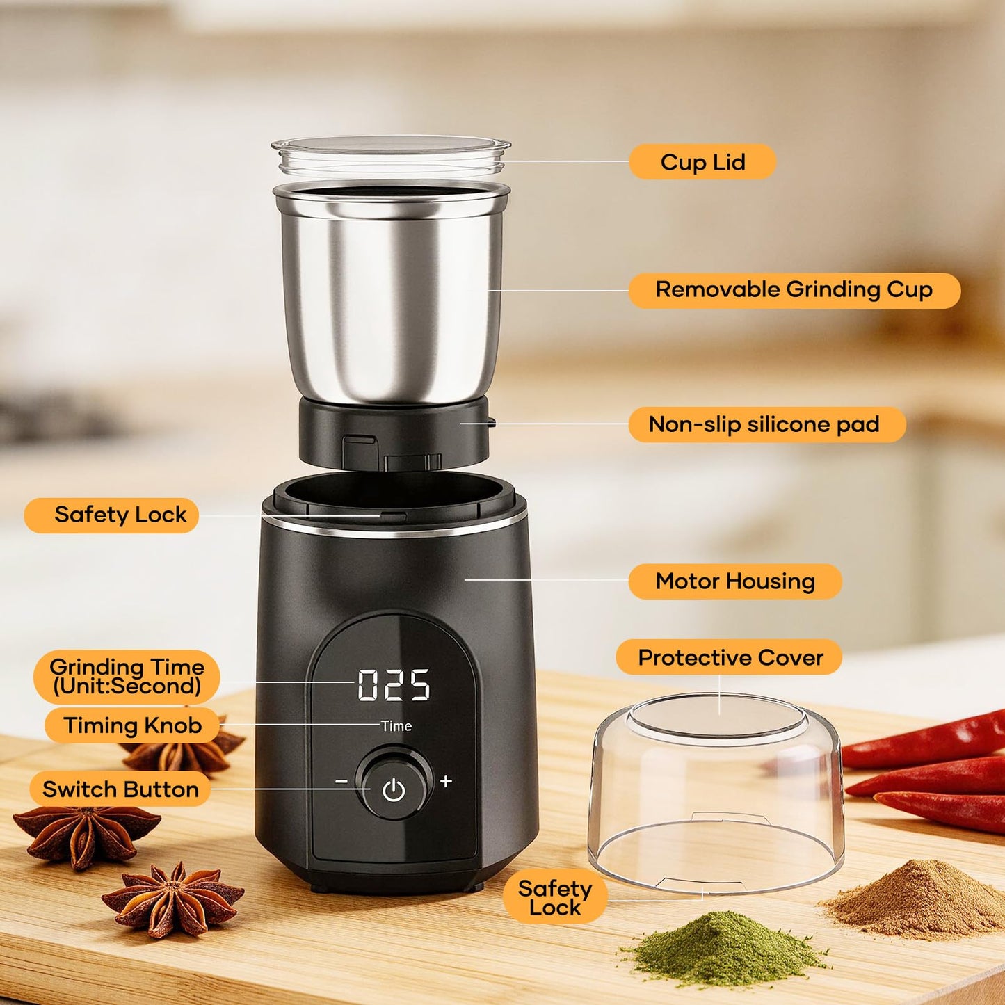 Spacefrog Coffee Bean Grinder Electric with Adjustable Coarse to Fine Smart Digital Timer, Low Noise, Sealed Safety Lid, 1x Removable Stainless Steel Cup & Anti-Vibration Base for Bean, Spices, Herbs