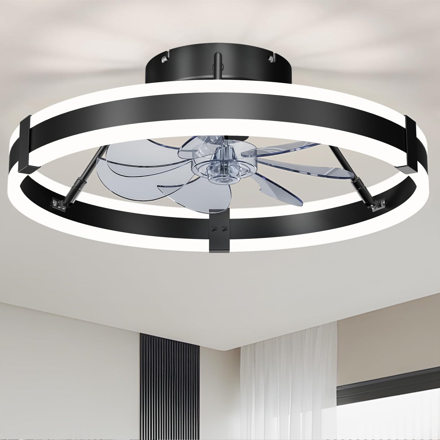 19.7" Low Profile Bladeless Ceiling Fan with Lights & Remote -Flush Mount Fandelier Light Fan for Bedroom/Kitchen, 3000-6000K Dimmable LED, 6-Speed Modern Fan with Lights for Home/Office