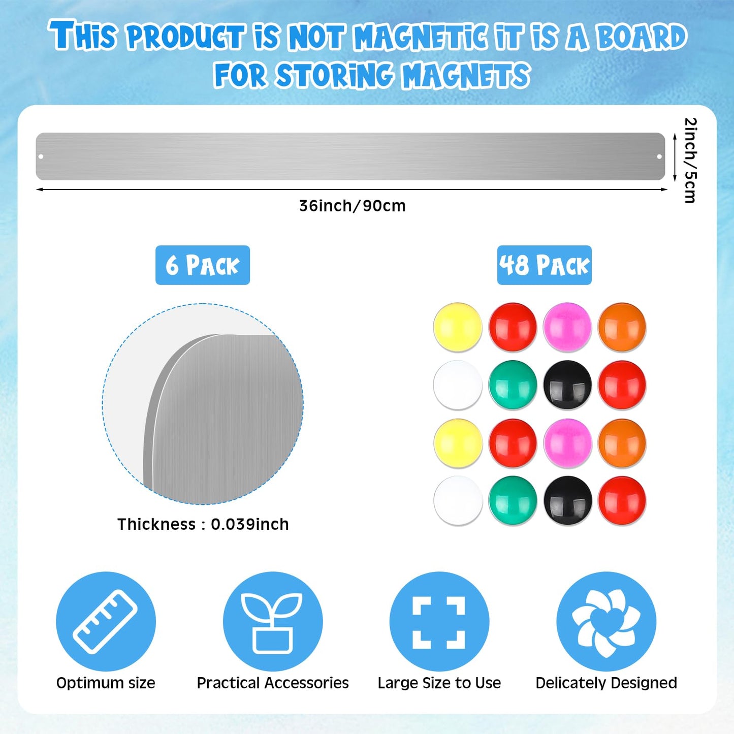 Mooliwe 6 Pieces 36 Inch Frameless Magnetic Stainless Iron Board Strips Bulletin Bar Magnetic Wall Board Memo Strip Set with 48 Pieces Colorful Magnets for School Office Home