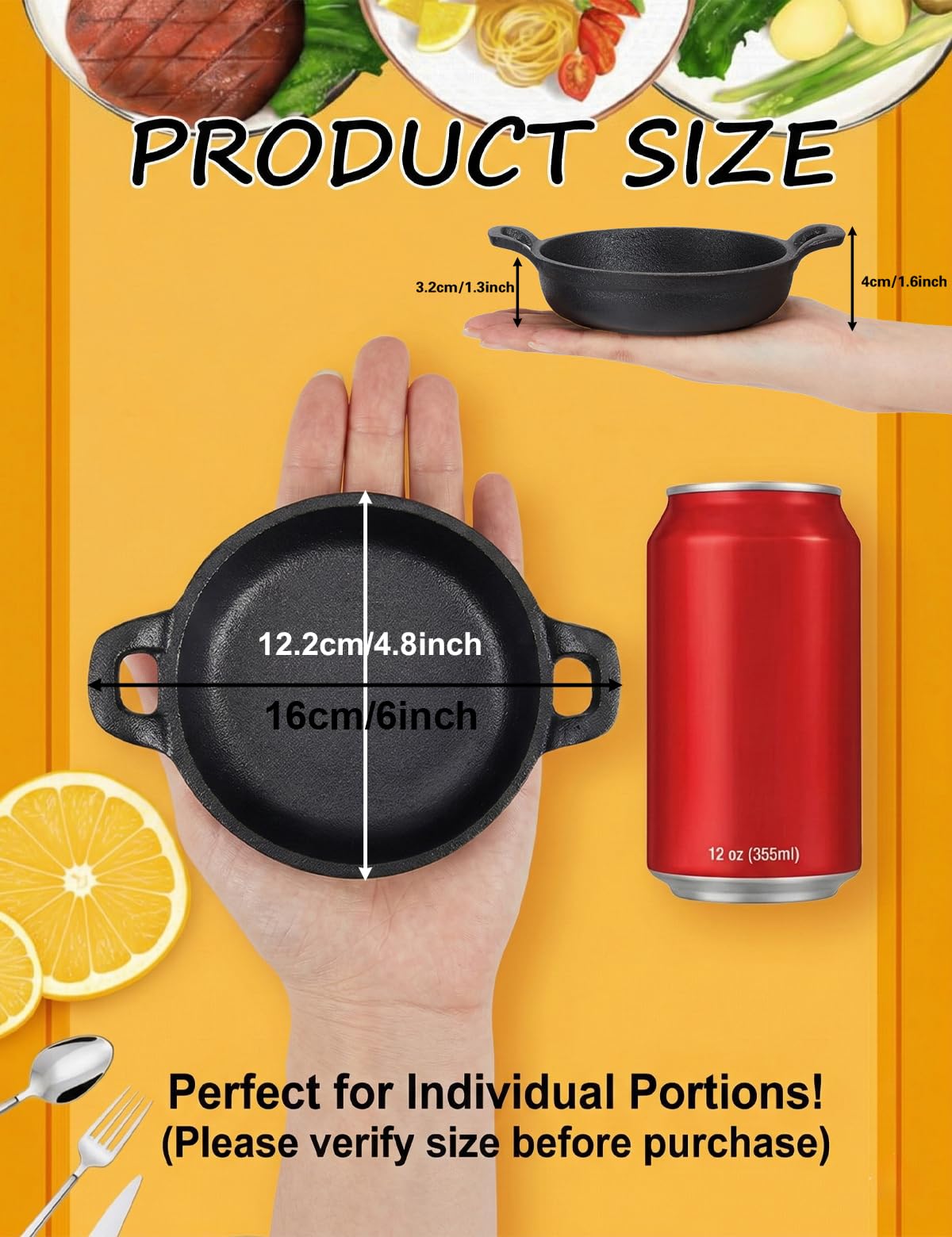 Mini Cast Iron Skillets Set of 6, 4.8 x 4.8 x 1.3 Inch Small Cast Iron Pan with Handle, Mini Ramekins Round Black Casserole Dish Cookware Small Skillets for Serving Food Frying Baking Cooking Roasting