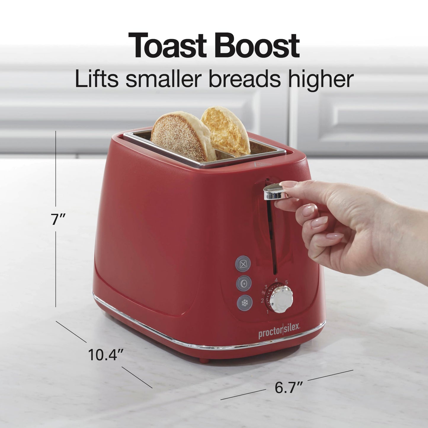 Proctor Silex Plastic 2 Slice Toaster, Bagel, Defrost & Cancel Buttons, Browning Control With 7 Shades, Auto Shutoff, Slide-Out Crumb Tray, Red (22661)