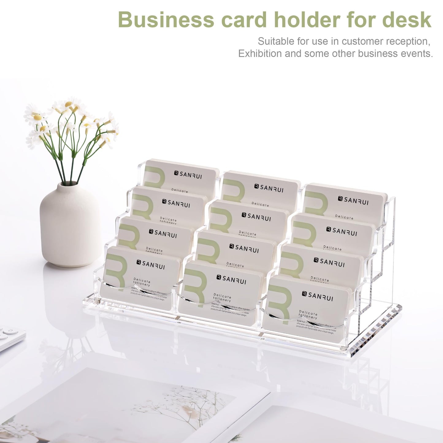SANRUI Business Card Holder for Desk Clear Acrylic Business Card Holders, Business Card Display Stand 4 Tier 12 Slots