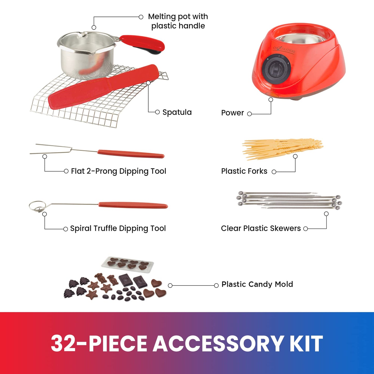 Total Chef Chocolatiere Electric Chocolate Fondue/Melting Pot and Candy Making Kit, 8.8 oz (250 g) Capacity, with 32-Piece Accessory Kit for Candy-Making, Dessert, Special Occasion, Family Dinner