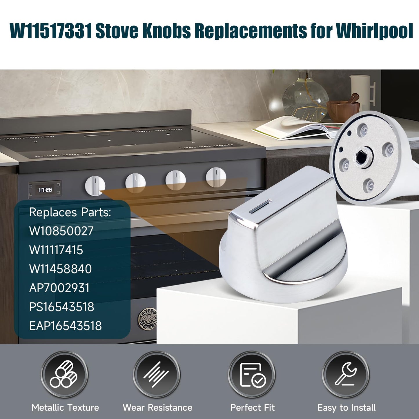 W11517331 for Whirlpool Electric Range Knobs (4pcs) Replace W10850027 W11117415 W11458840 Oven Knob, Compatible with Whirlpool WEC310S0LS1, WEE515S0LZ1, WEC310S0LS2, WEE515S0LS1 Electric Range Knob