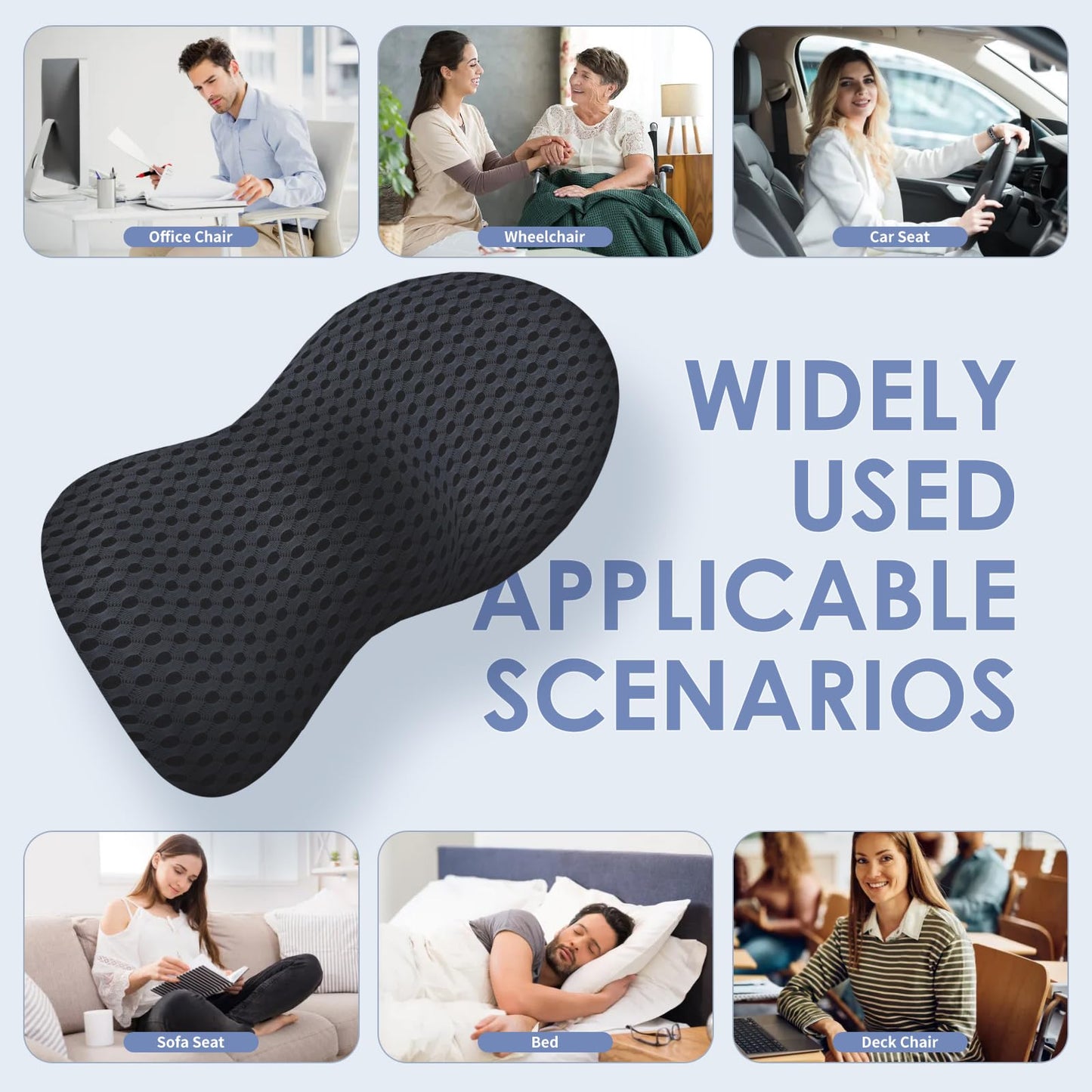 kasney Lumbar Support Pillow, Memory Foam Lumbar Pillow for Lower Back Pain Relief, Back Support Pillow for Office Chair, Car Seat - Black