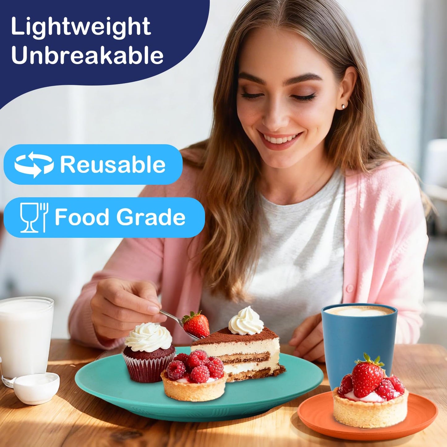 Perlapoc Wheat Straw Dinnerware Set 40 PCS - Service for 8 | Plates and Bowls Sets | Unbreakable Dishes Set - Dinner Plates, Dessert Plate, Cereal Bowls, Drinking Glasses, Dishwasher Safe - Multi