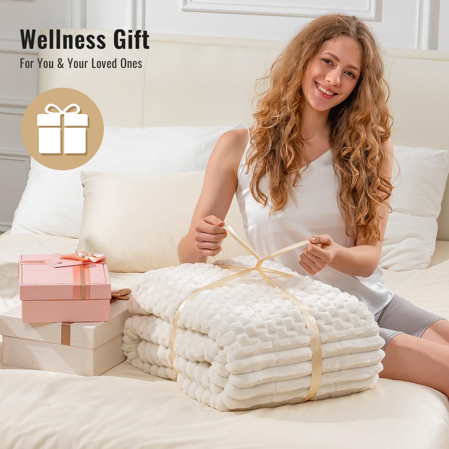 Uttermara Weighted Blanket for Adults Queen Size 15lbs, Soft Cozy Sherpa Fleece Heavy Blanket for Sleep and Calm, Fuzzy Warm Jacquard Bed Blanket, 60 x 80 Inches, Cream White