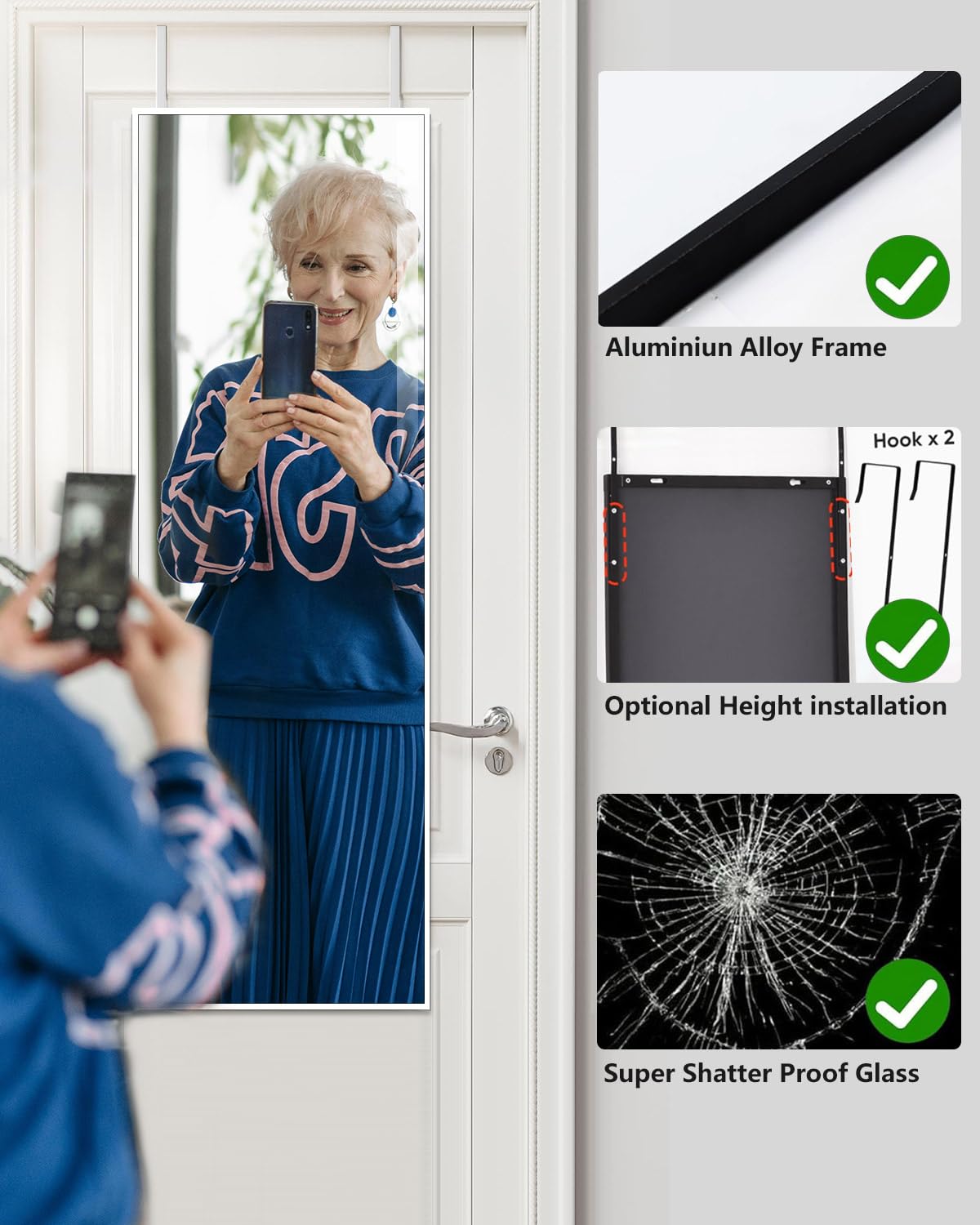 DMWOODFL 48"x14" Over-The-Door Full Length Mirror - No Drill Hanging with Metal Hooks, Shatterproof Glass & Aluminum Frame for Bathroom, Bedroom, Entryway Decor（Silver White）
