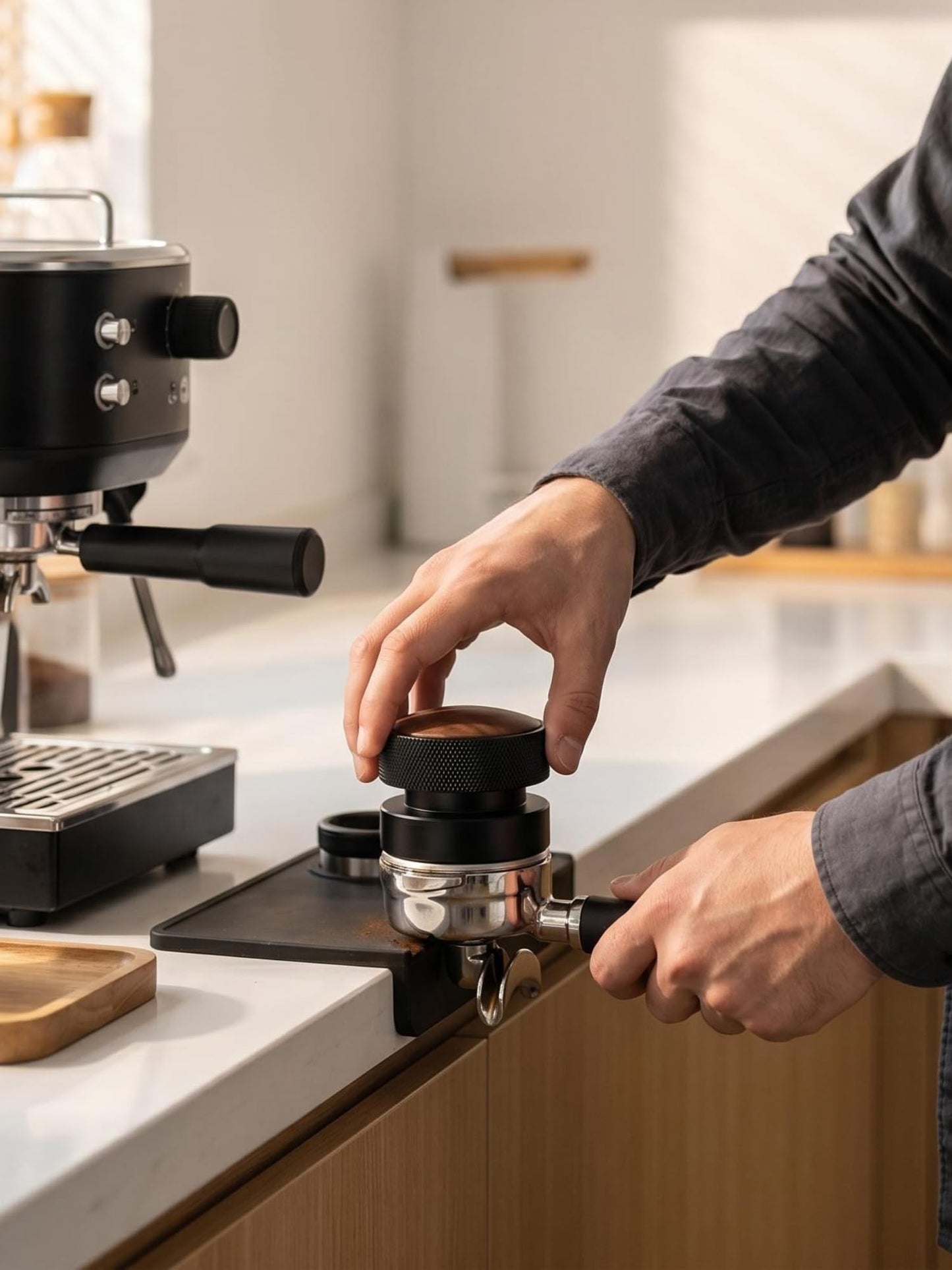 Ompellus 53mm Walnut Espresso Distributer, Gravity Adaptive Espresso Distribution Tool | Coffee Leveler Tool for Breville 54mm Portafilters | 304 Stainless Steel Base