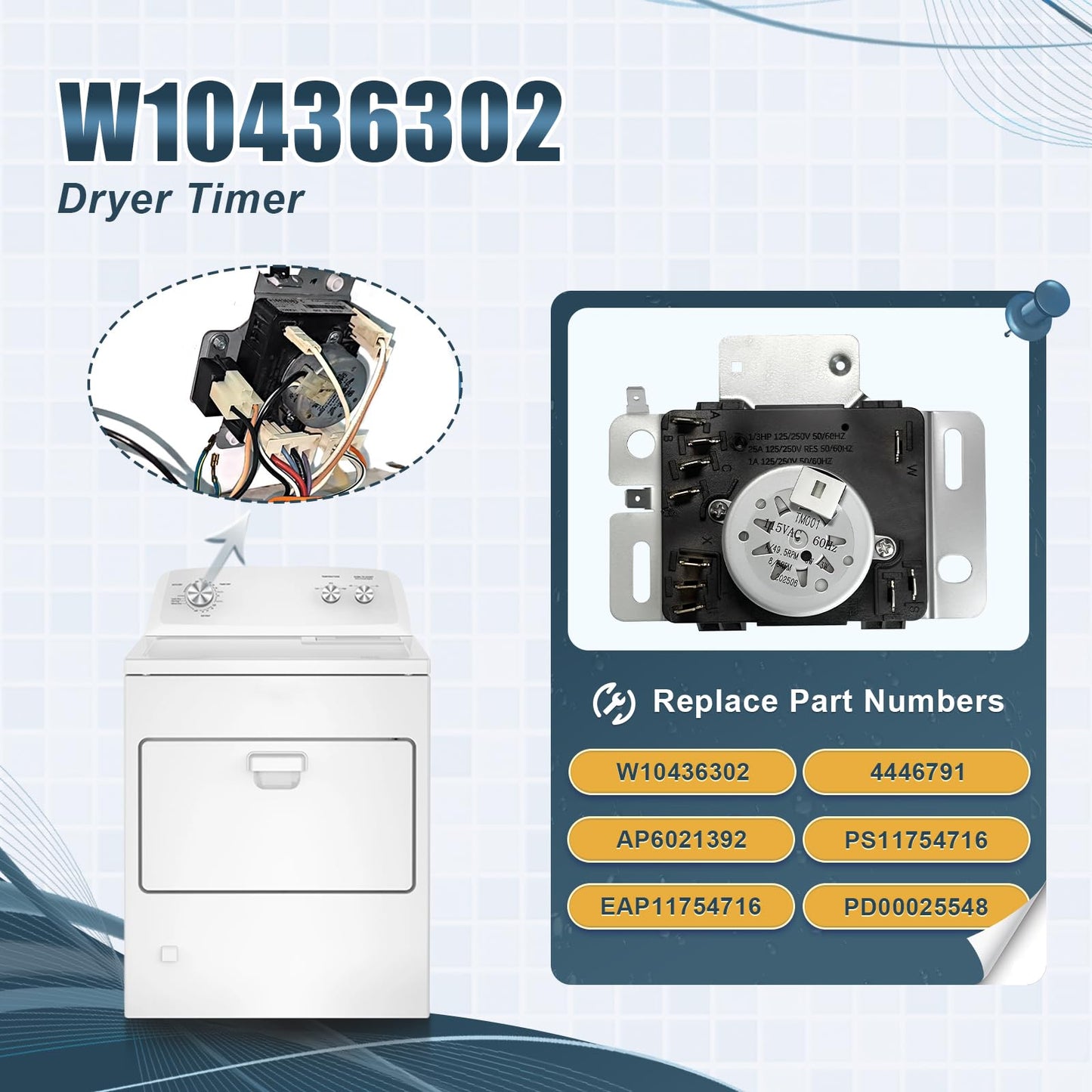 WPW10436302 W10436302 Dryer Timer Compatible with Whirlpool Maytag Kenmore Amana Inglis Dryer, Replacement Part 4446791 AP6021392 PS11754716 EAP11754716 PD00025548