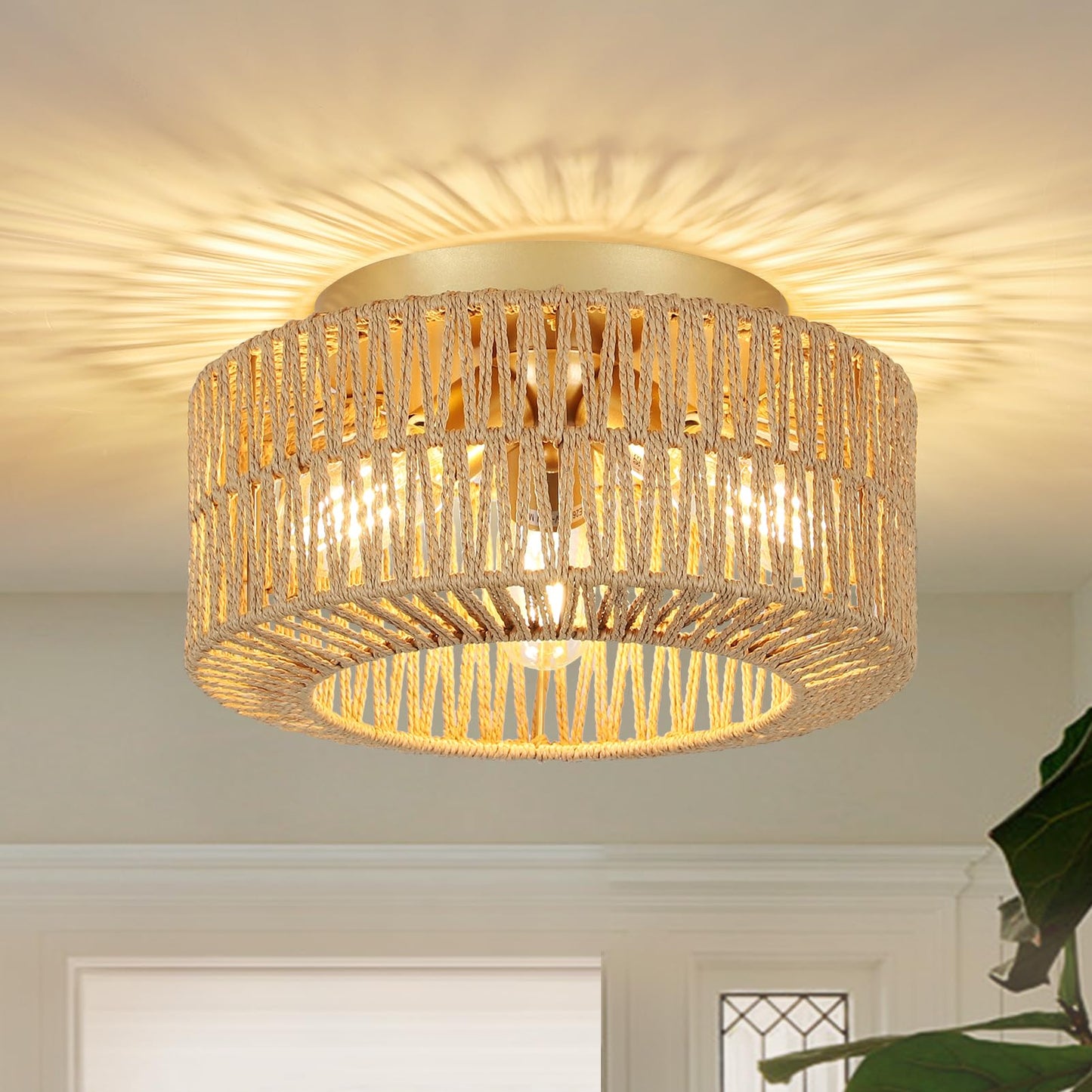PAUFUL Boho Light Fixtures, 3-Light Farmhouse Rattan Ceiling Light, Flush Mount with Hand-Woven Shade, Modern Chandelier for Living, Bedroom, Entryway, Kitchen, Nursery