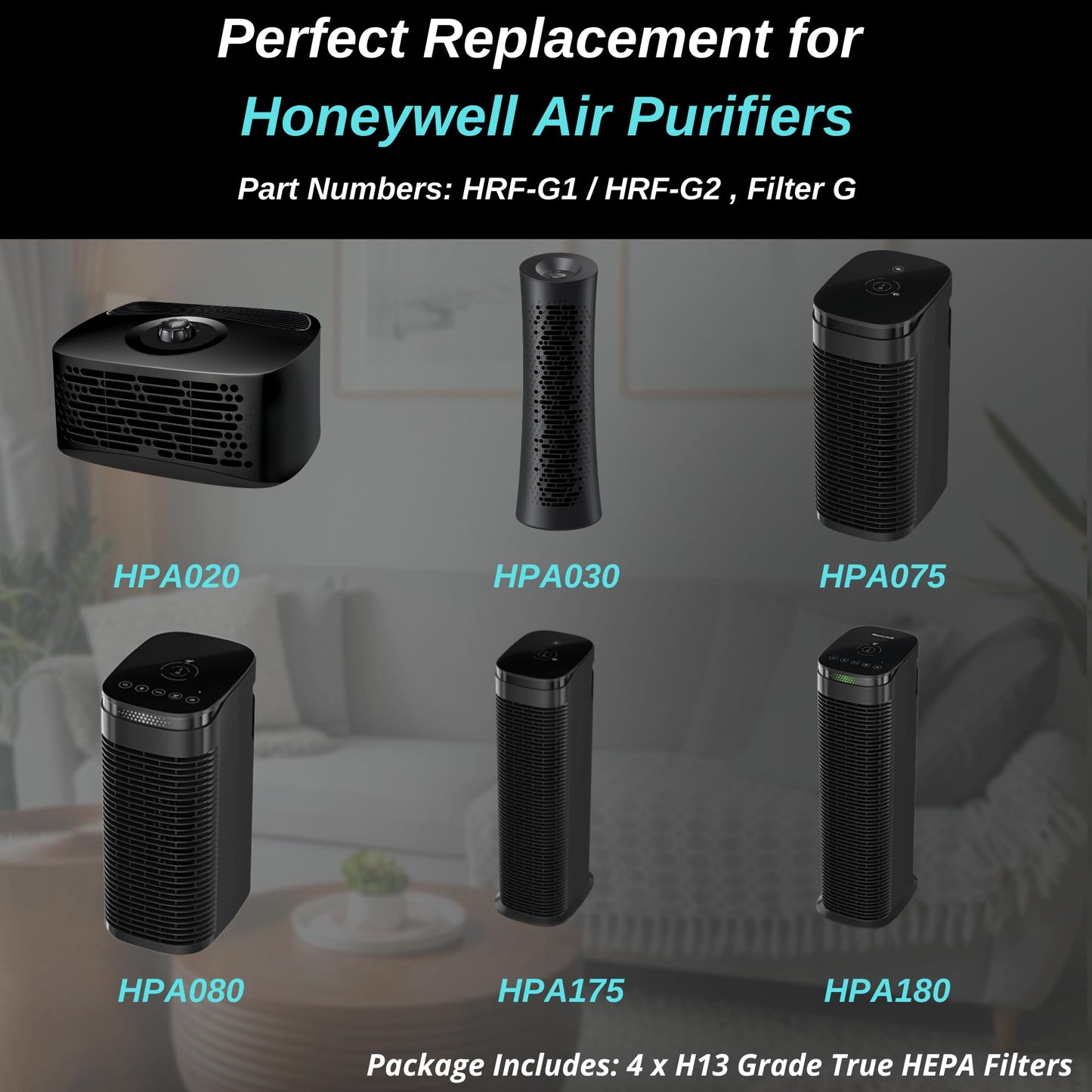 4-Pack HRF-G1/HRF-G2 True HEPA Replacement Filter (G) Compatible with Honeywell HPA-020(B) Tabletop, HPA-030(B), HPA-075(B), HPA-175(B) HEPA Tower & HPA-080(B), HPA-180(B) InSight Series Air Purifiers