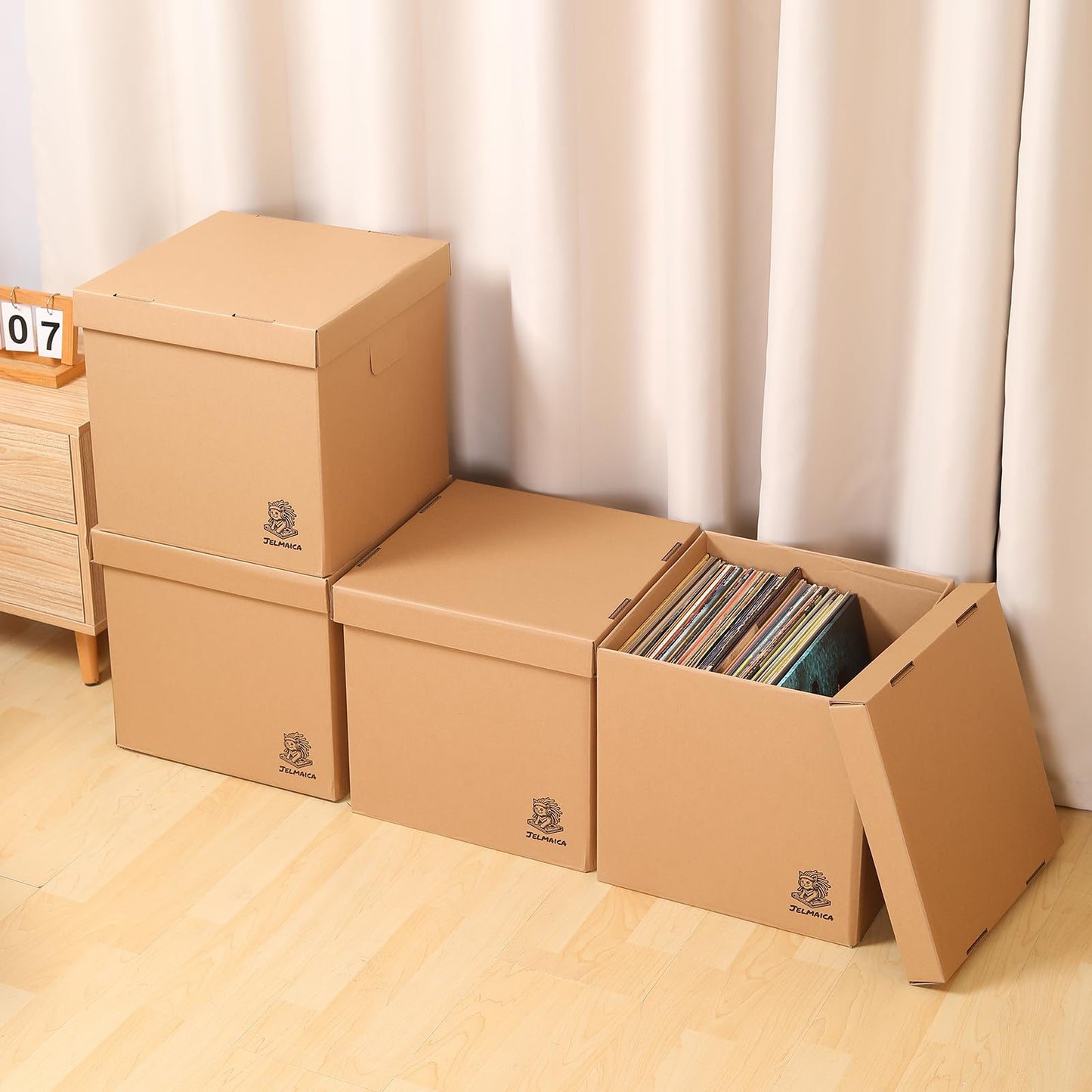 Jelmaica 12" Vinyl Record Storage and Moving Box - Sturdy Cardboard with Removable Lid - Holds up to 60 Records or Laser Discs - Set of 2 Boxes (2) (2)