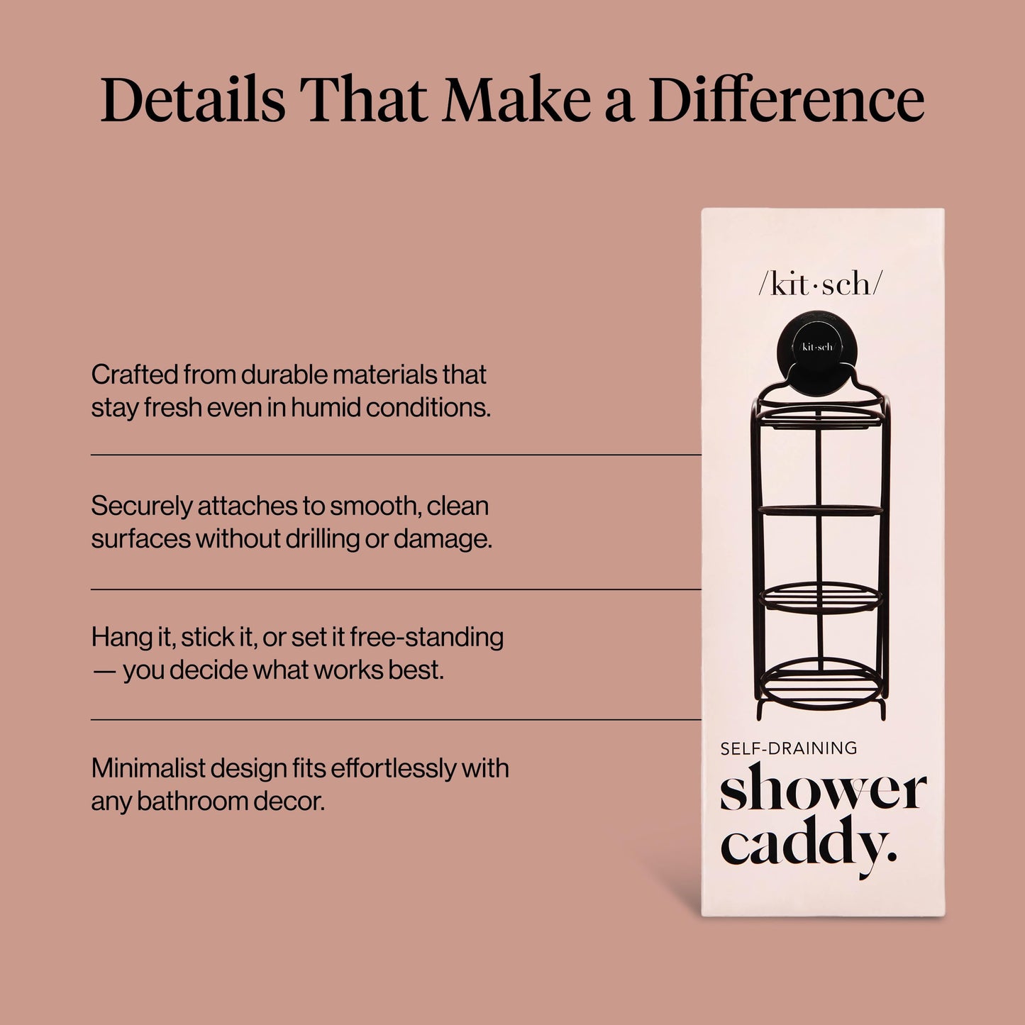 Kitsch Shower Caddy Hanging with Suction Cup – Self-Draining Shampoo Bar Holder & Shower Shelves for Conditioner Bars & Soap – Rust Proof Bathroom Caddy, and Wall Mount or Free-Standing Organizer